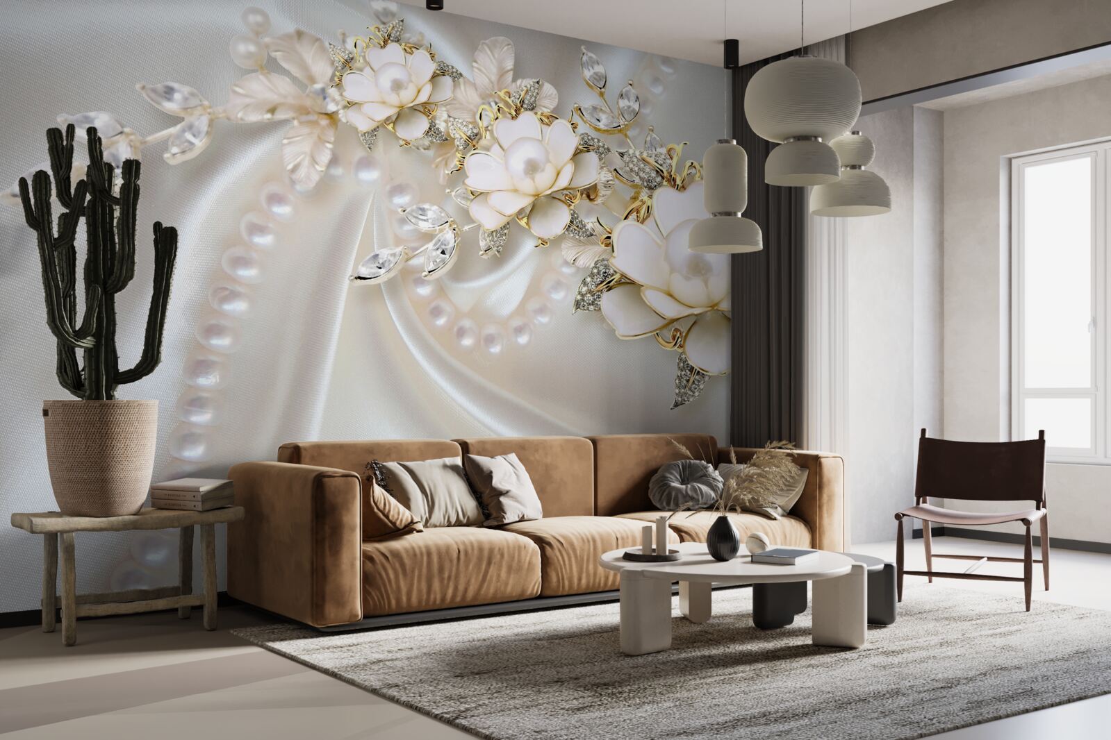 Fototapet perlele pe mătase sunt decorate cu trandafiri