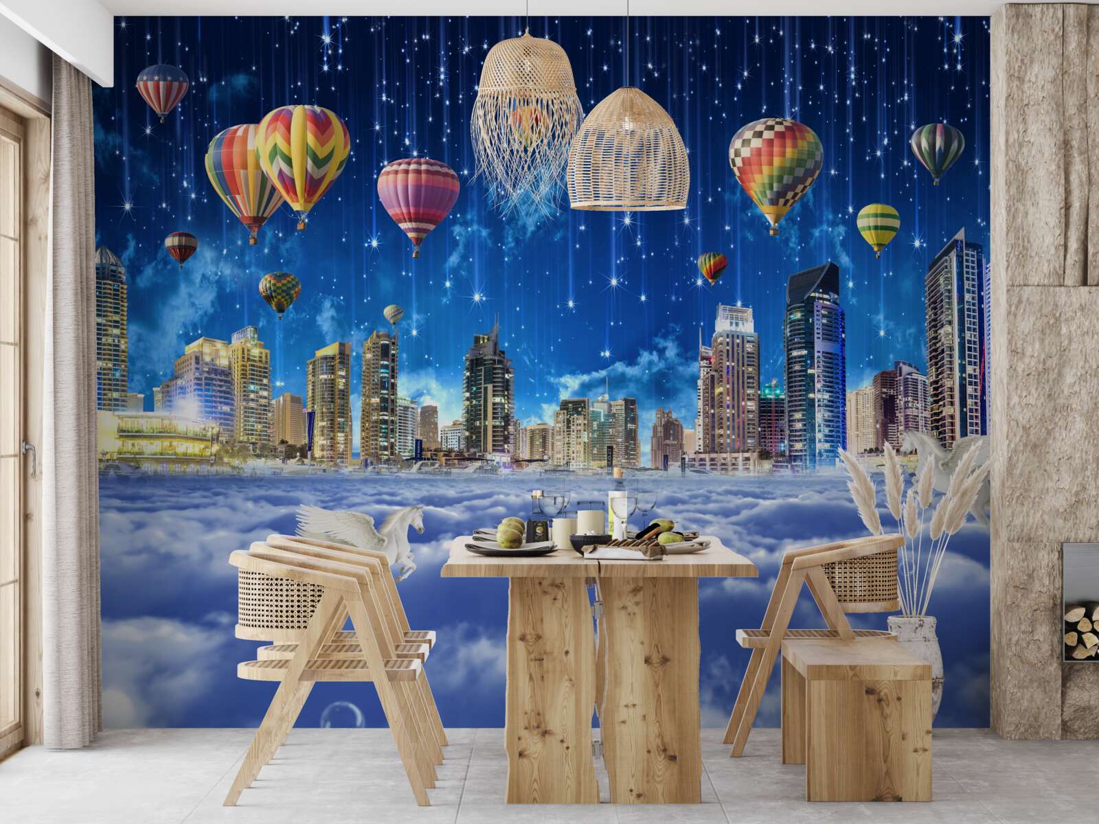 Fototapet orașul de noapte este decorat cu baloane