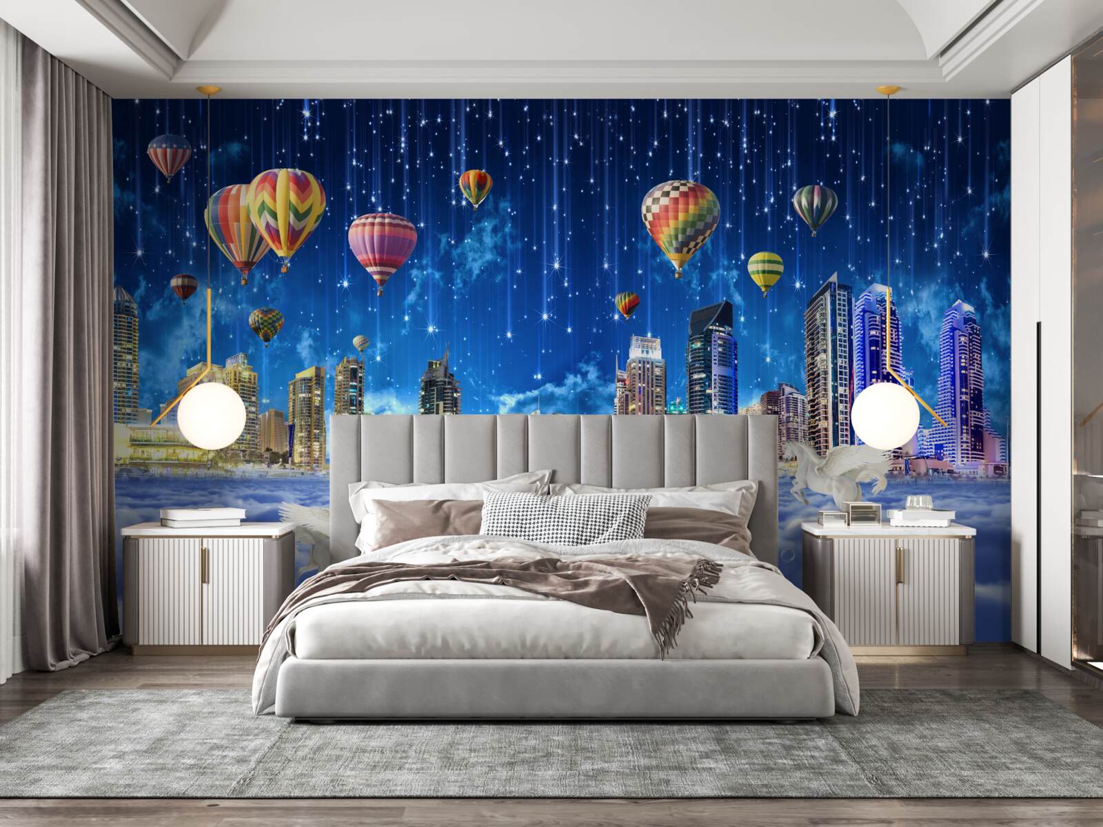 Fototapet orașul de noapte este decorat cu baloane