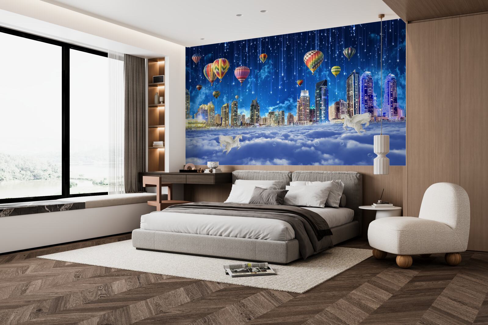 Fototapet orașul de noapte este decorat cu baloane