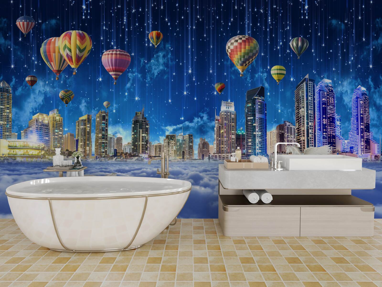 Fototapet orașul de noapte este decorat cu baloane