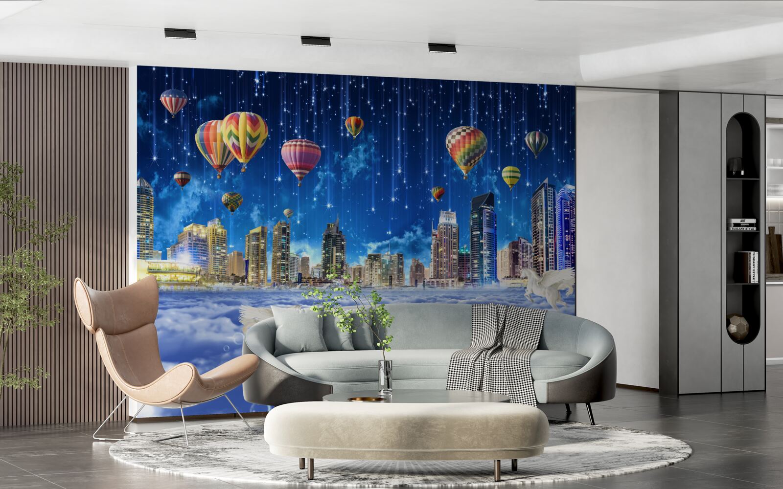 Fototapet orașul de noapte este decorat cu baloane