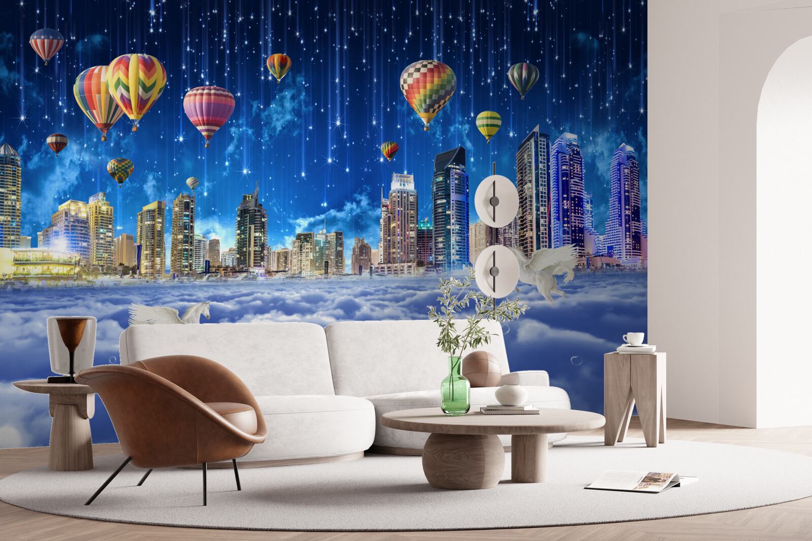 Fototapet orașul de noapte este decorat cu baloane