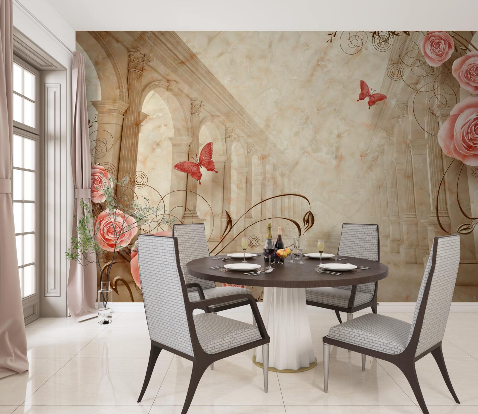 Fototapet în fundalul arcurilor sunt fluturi și trandafiri roz