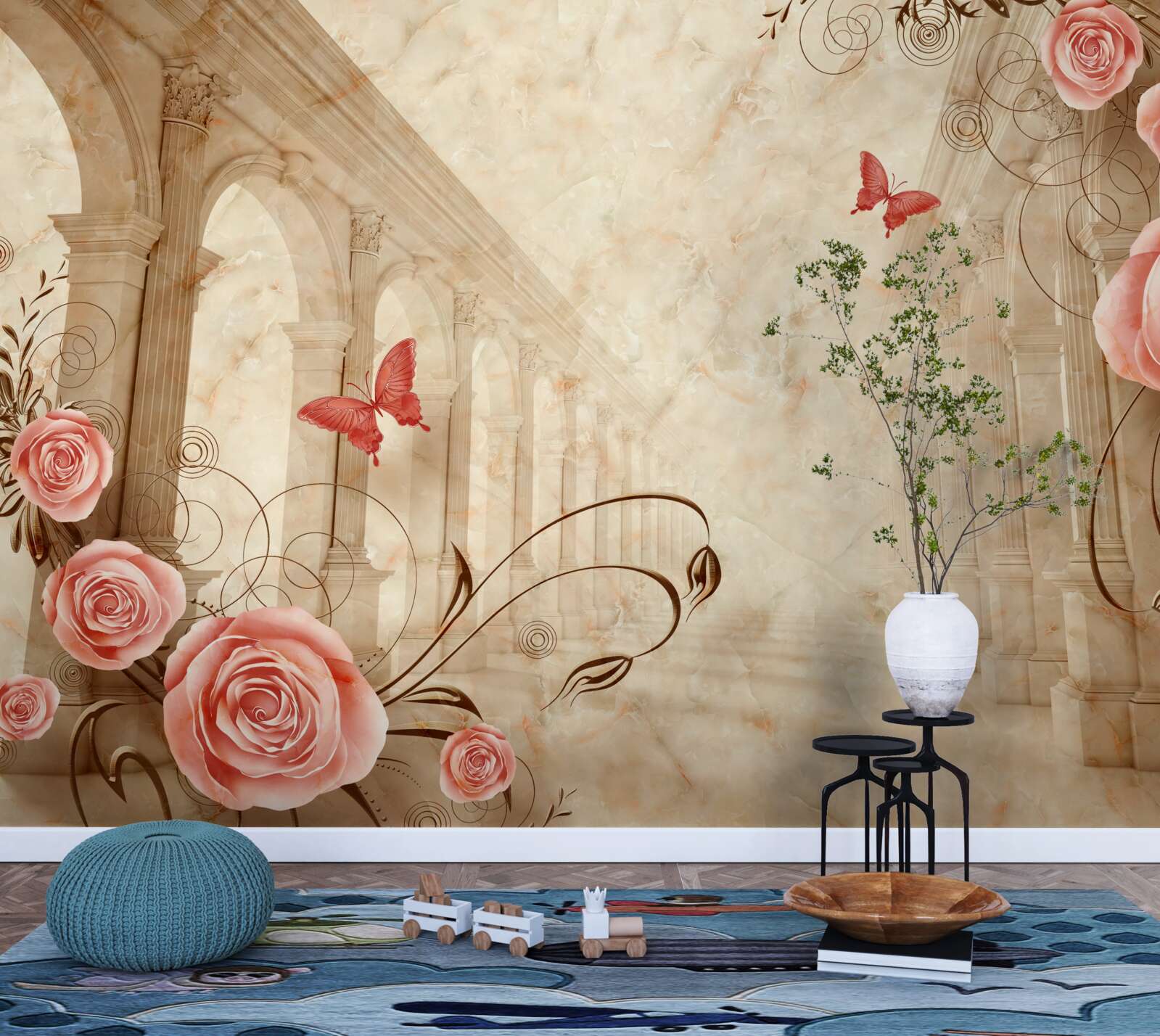 Fototapet în fundalul arcurilor sunt fluturi și trandafiri roz