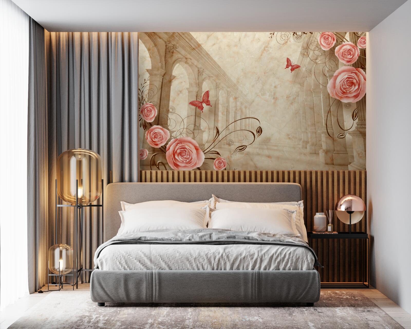 Fototapet în fundalul arcurilor sunt fluturi și trandafiri roz