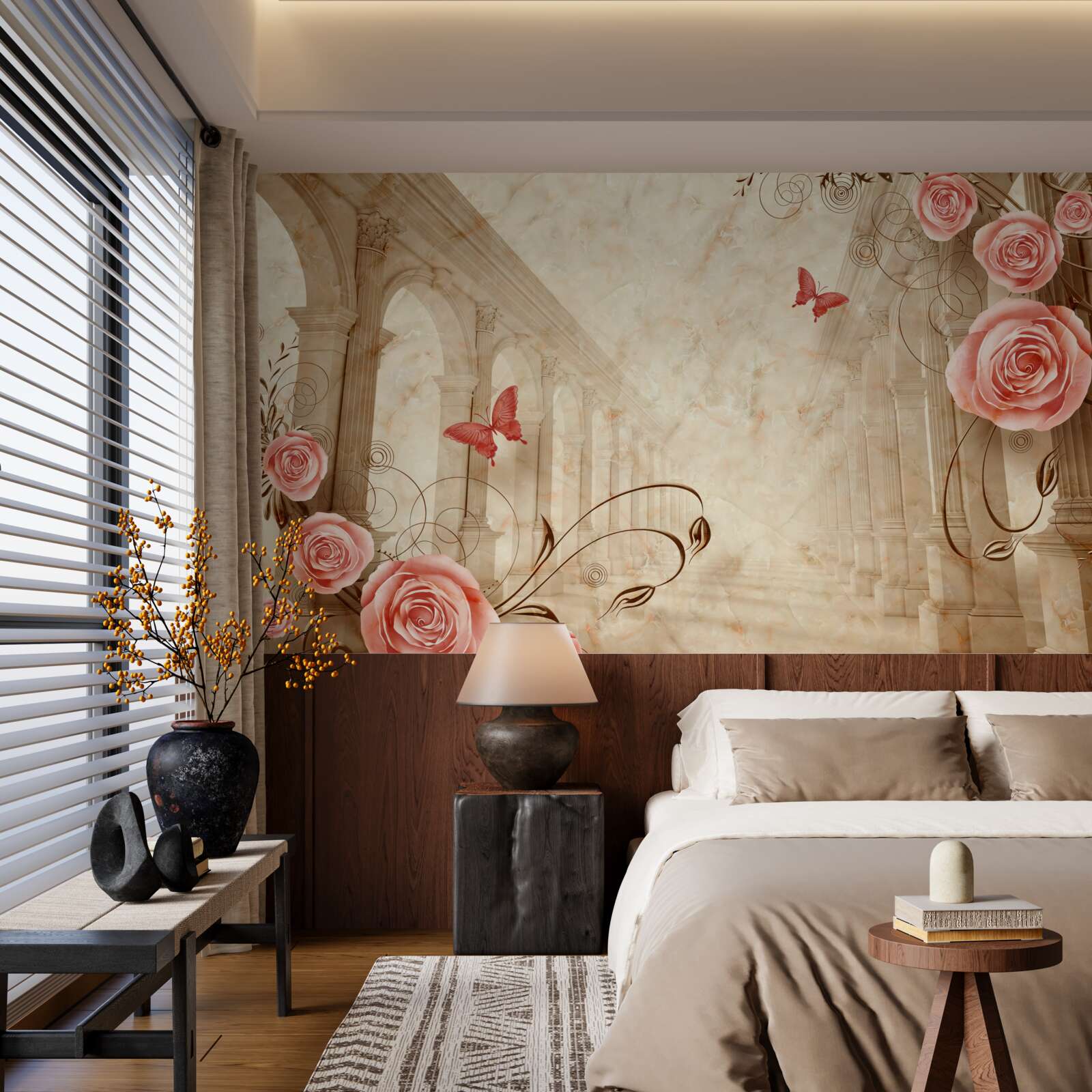 Fototapet în fundalul arcurilor sunt fluturi și trandafiri roz