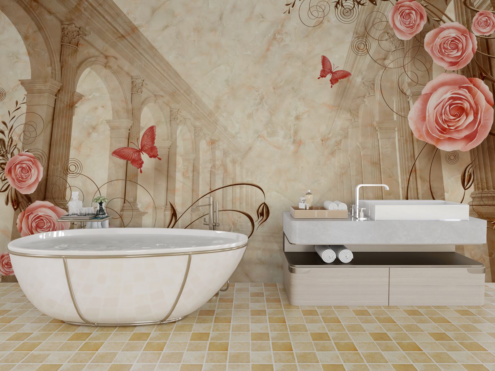 Fototapet în fundalul arcurilor sunt fluturi și trandafiri roz