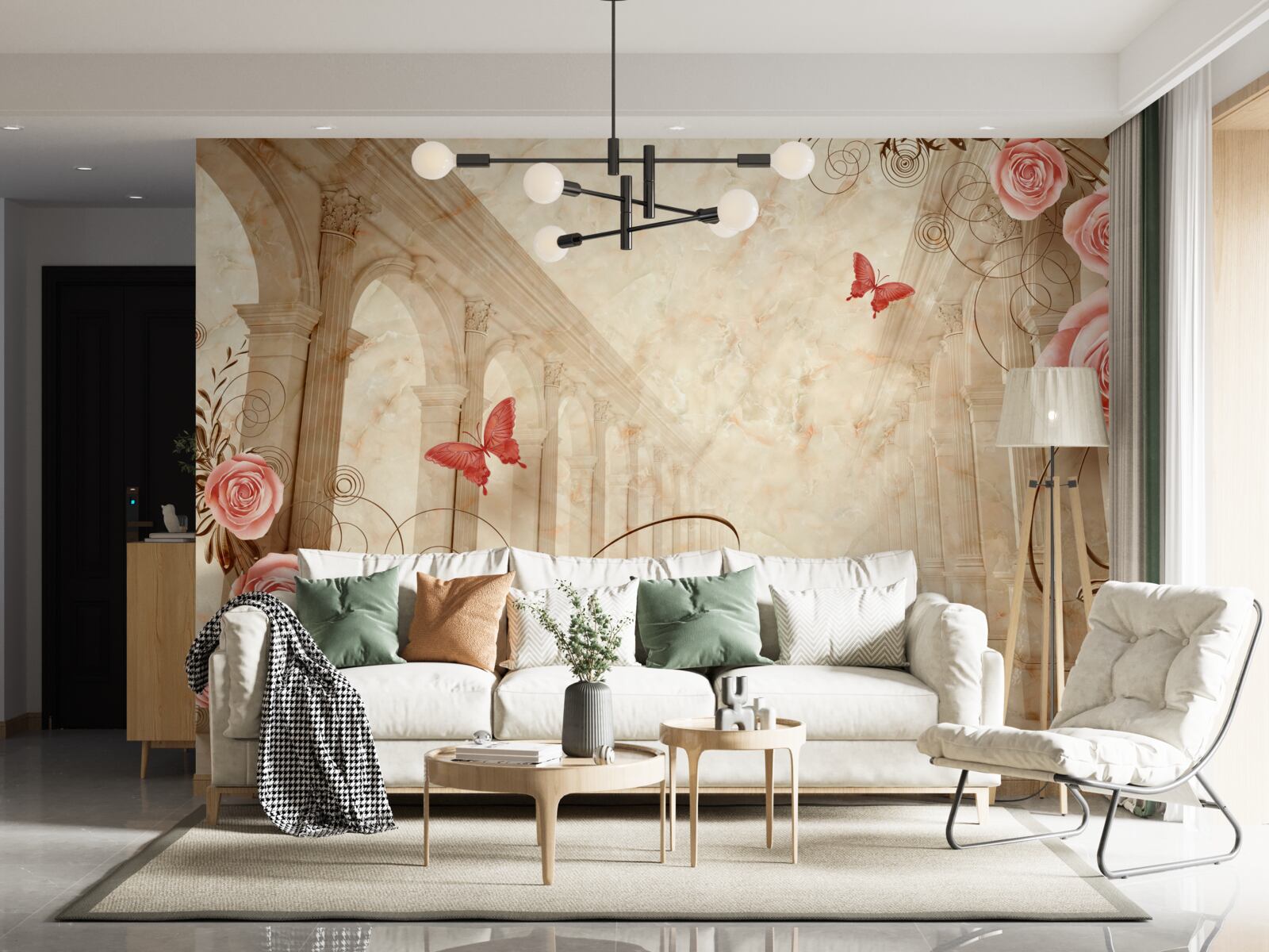 Fototapet în fundalul arcurilor sunt fluturi și trandafiri roz