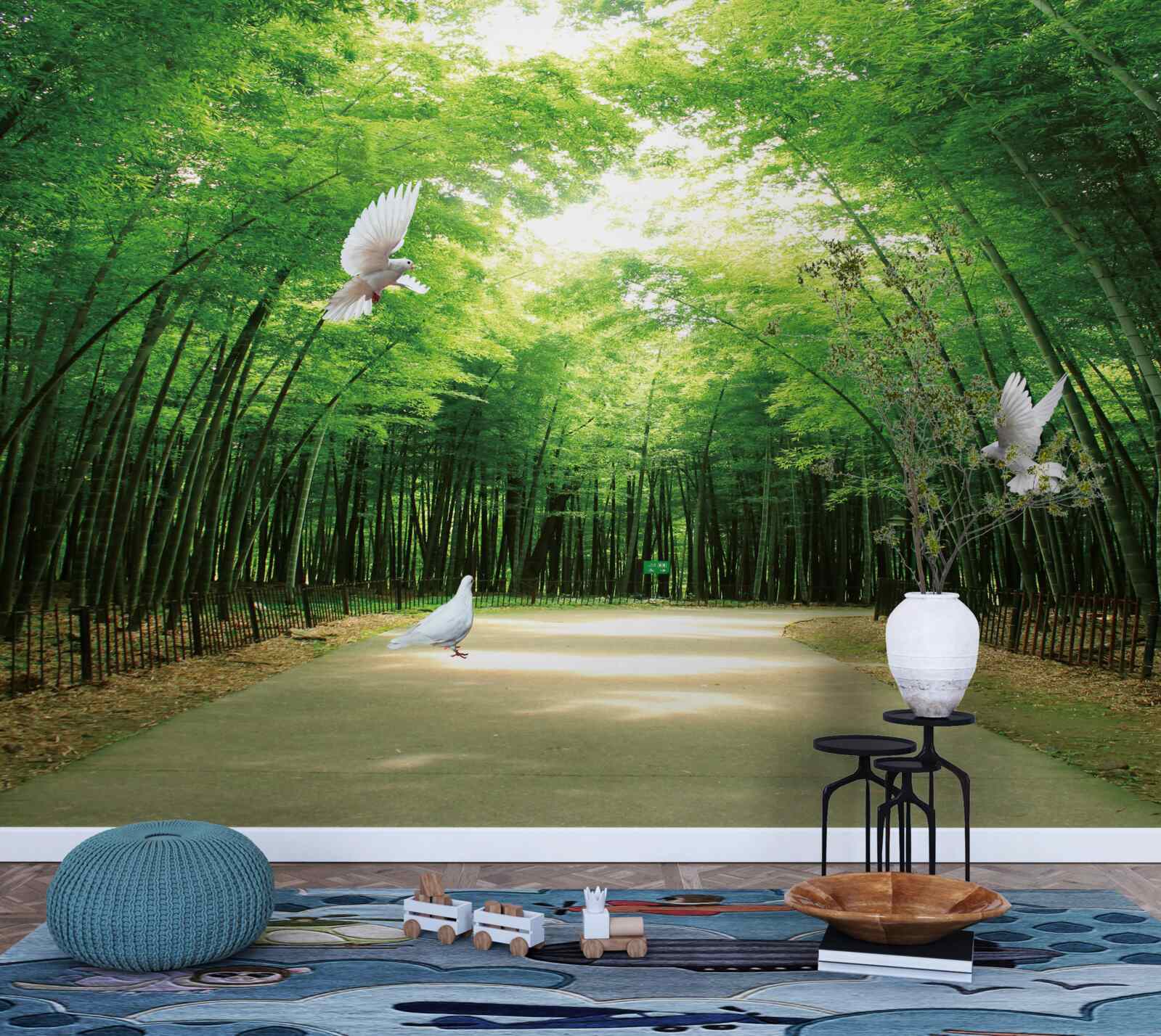 Fototapet intrați în grădina botanică, amenajată și locuită de porumbei