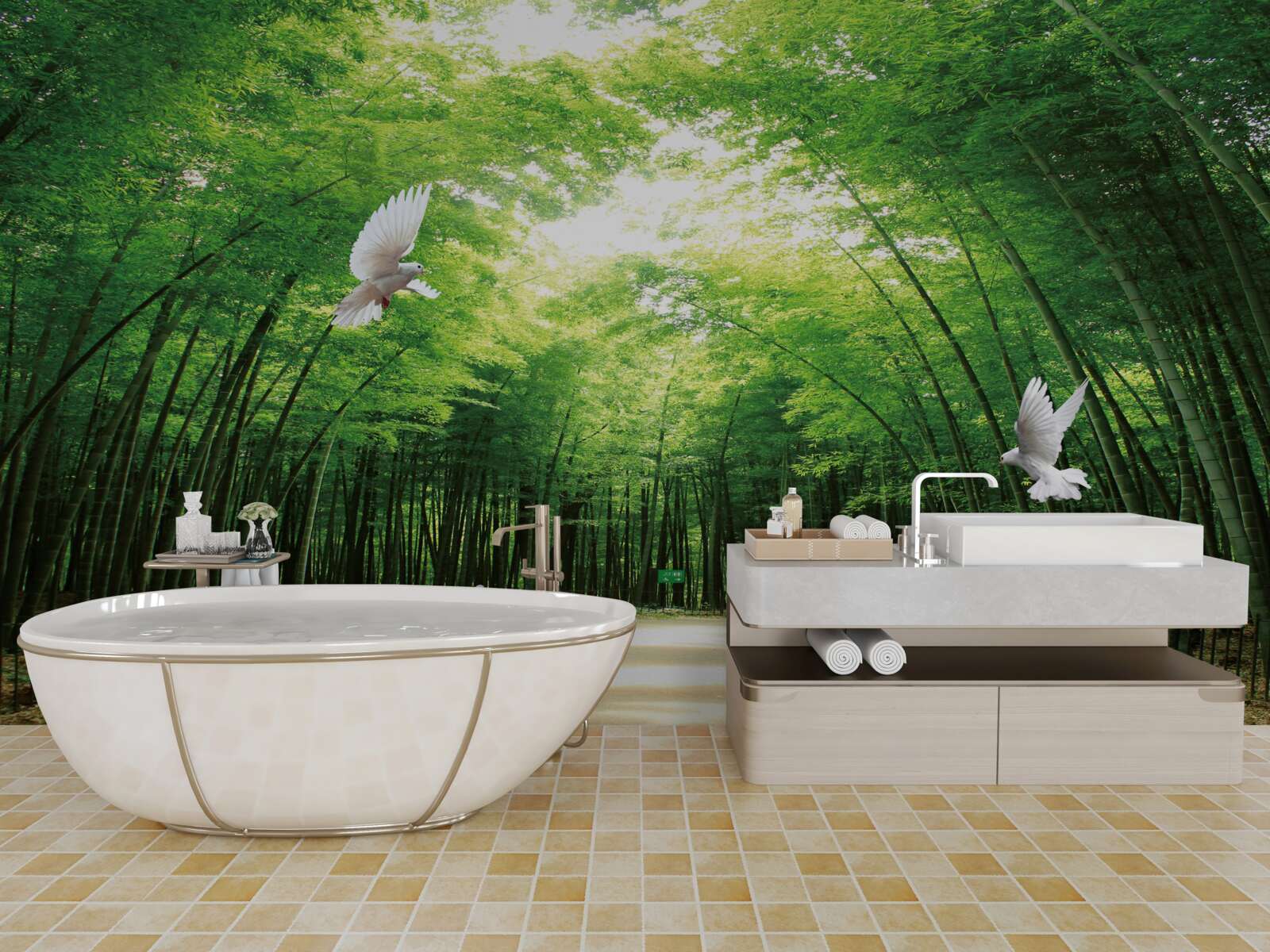 Fototapet intrați în grădina botanică, amenajată și locuită de porumbei