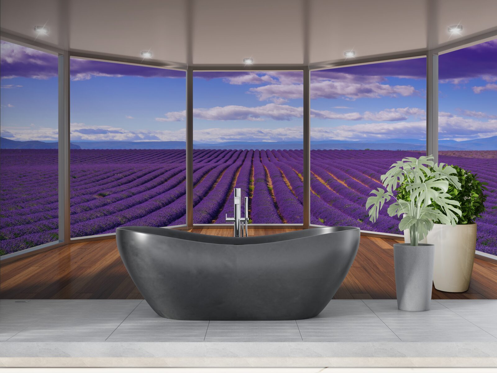 Fototapet vedere la câmpul de lavandă direct din balcon