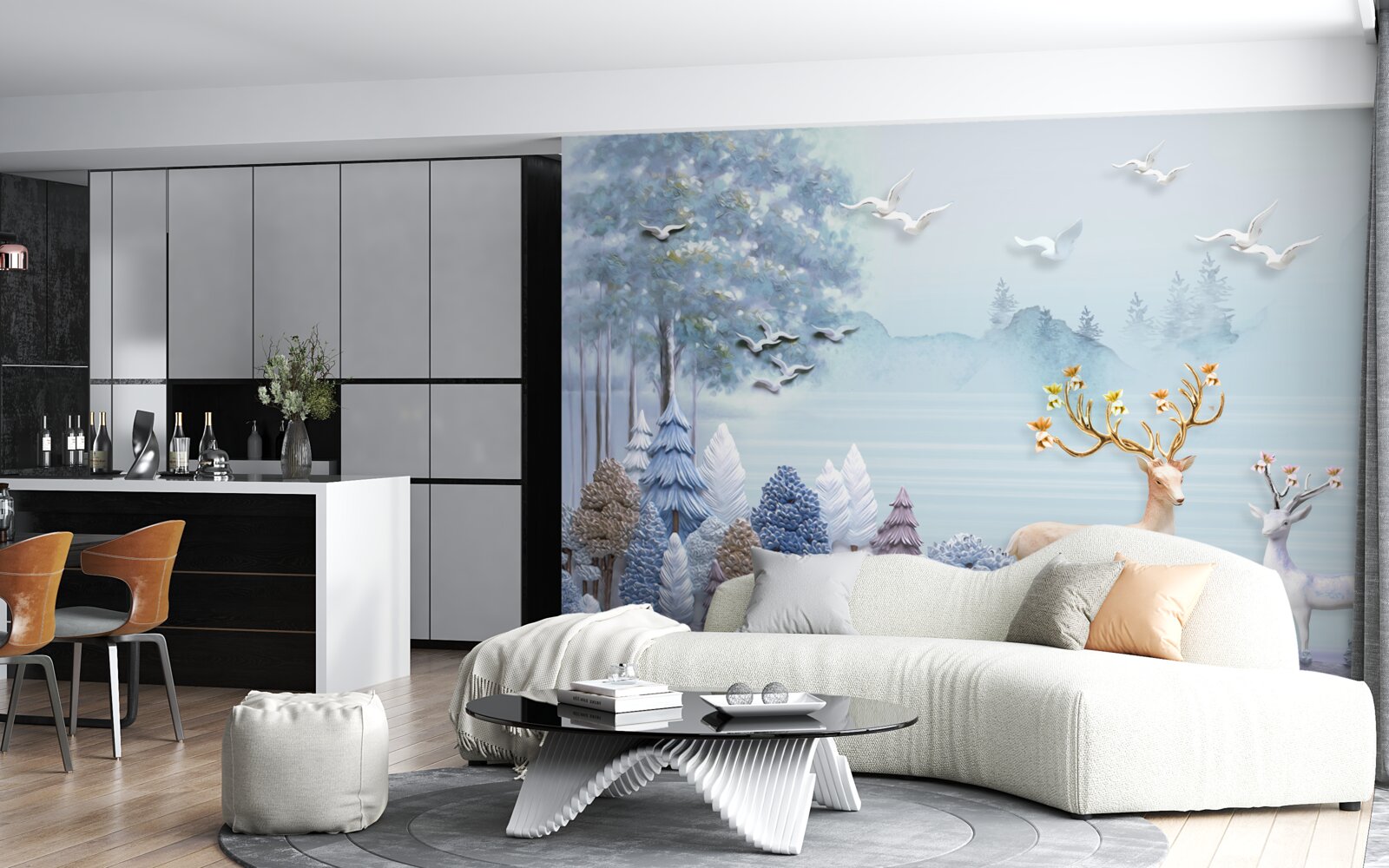 Fototapet între copaci și munți căprioarele sunt în pășune