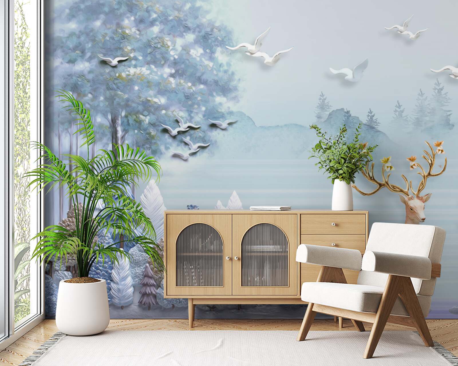 Fototapet între copaci și munți căprioarele sunt în pășune