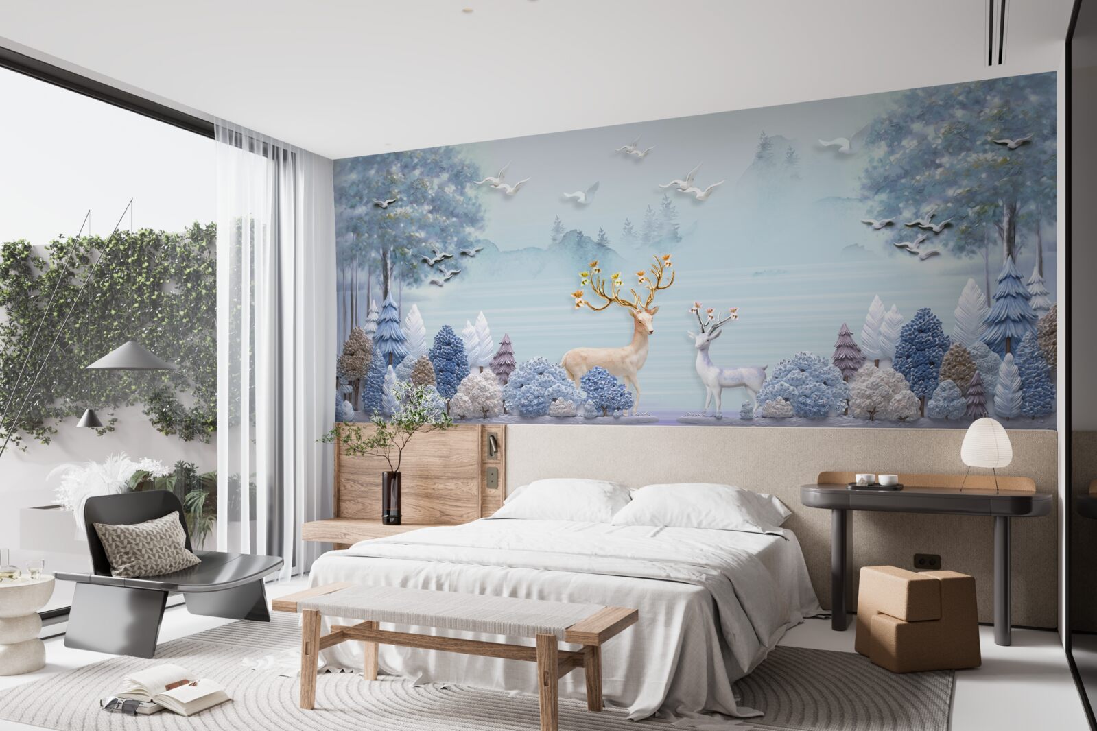 Fototapet între copaci și munți căprioarele sunt în pășune