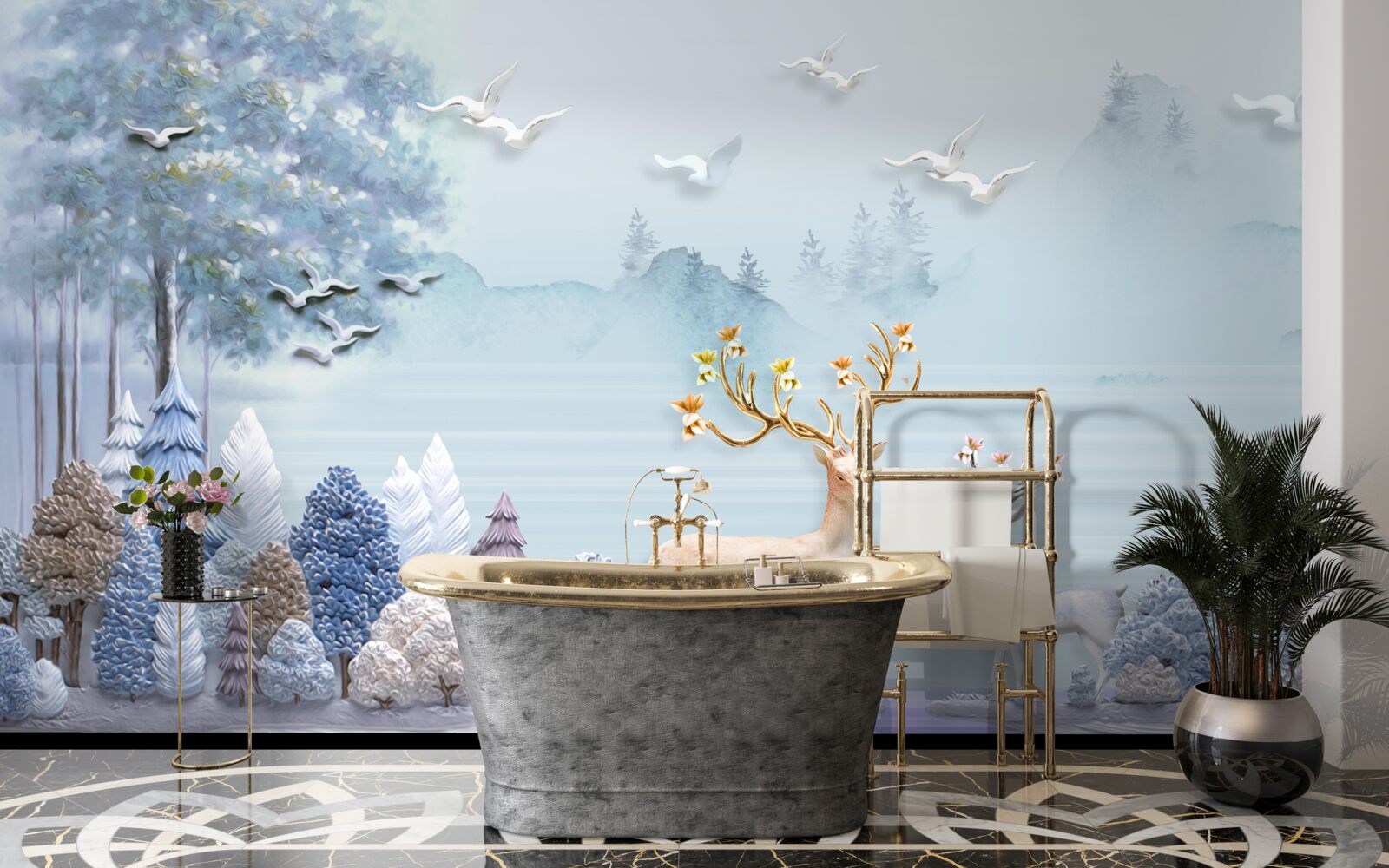 Fototapet între copaci și munți căprioarele sunt în pășune