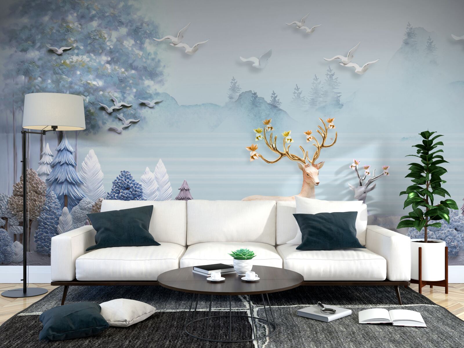 Fototapet între copaci și munți căprioarele sunt în pășune