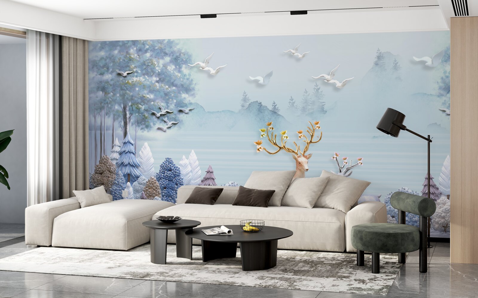 Fototapet între copaci și munți căprioarele sunt în pășune