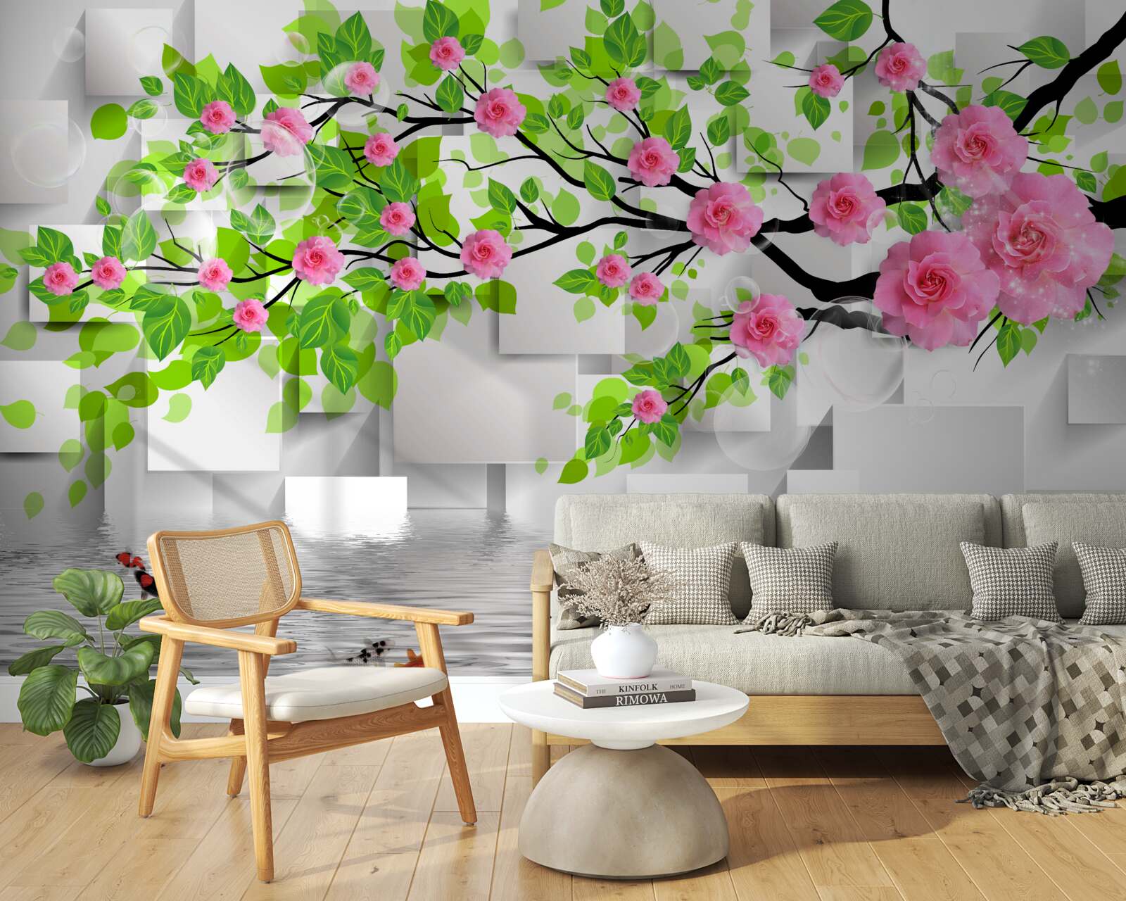 Fototapet trandafiri roz înflorind pe o ramură