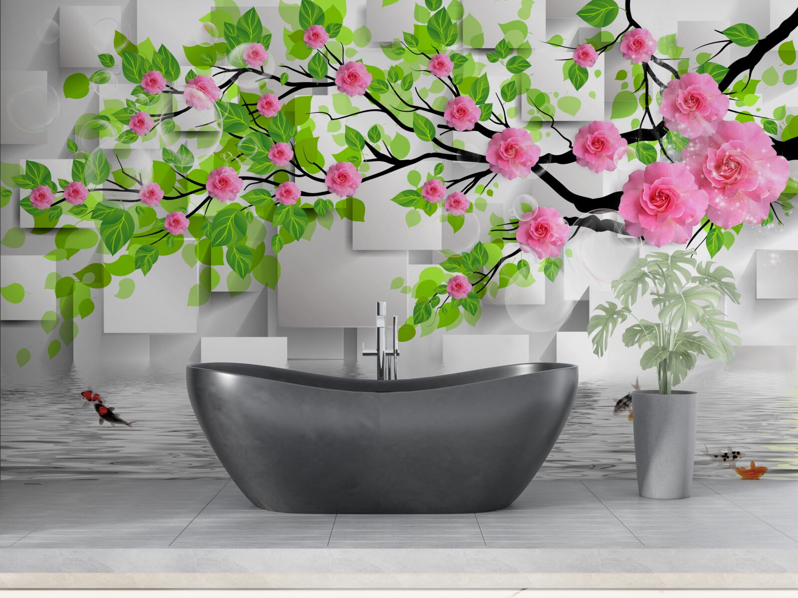 Fototapet trandafiri roz înflorind pe o ramură