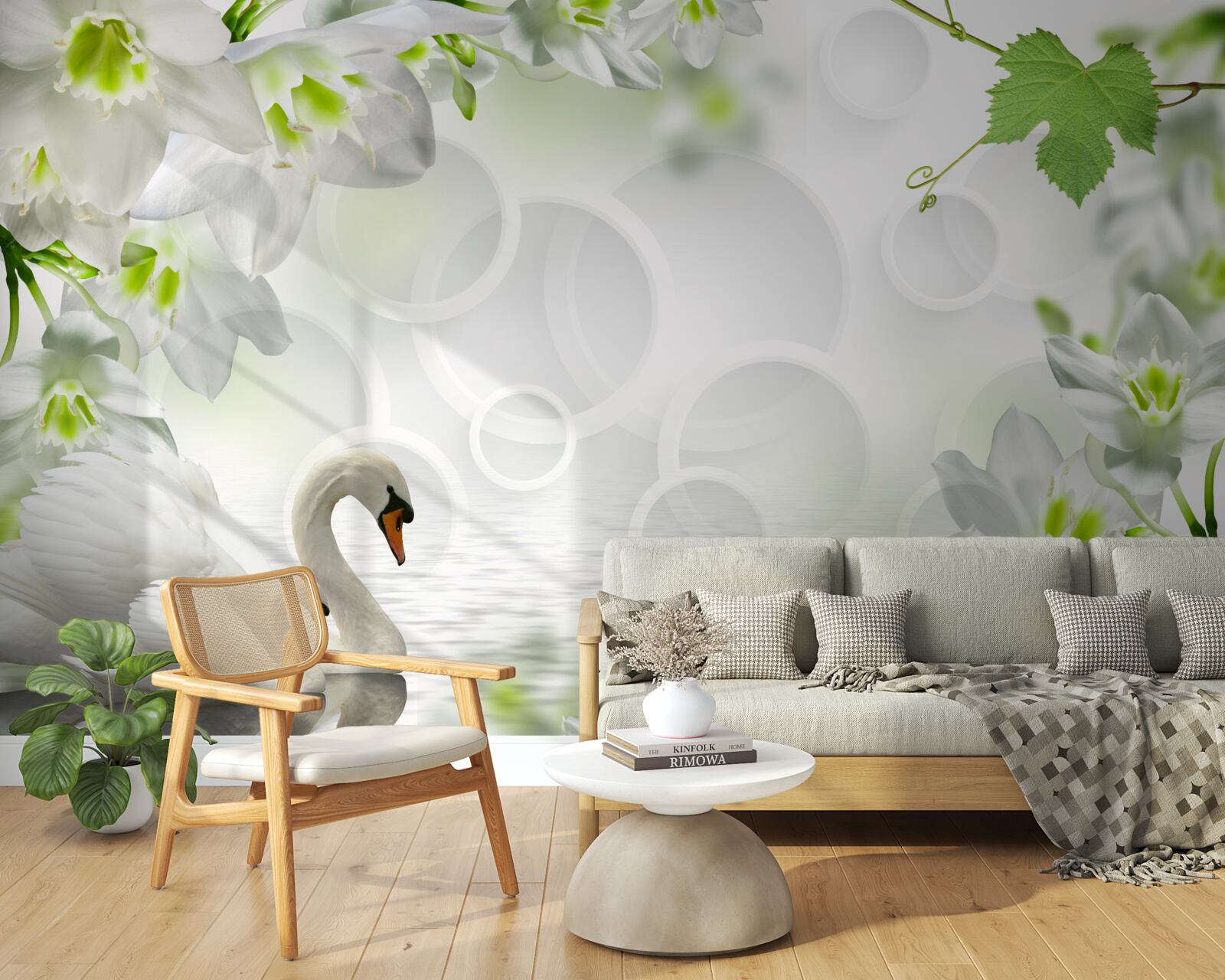 Fototapet flori albe pe un lac printre lebede