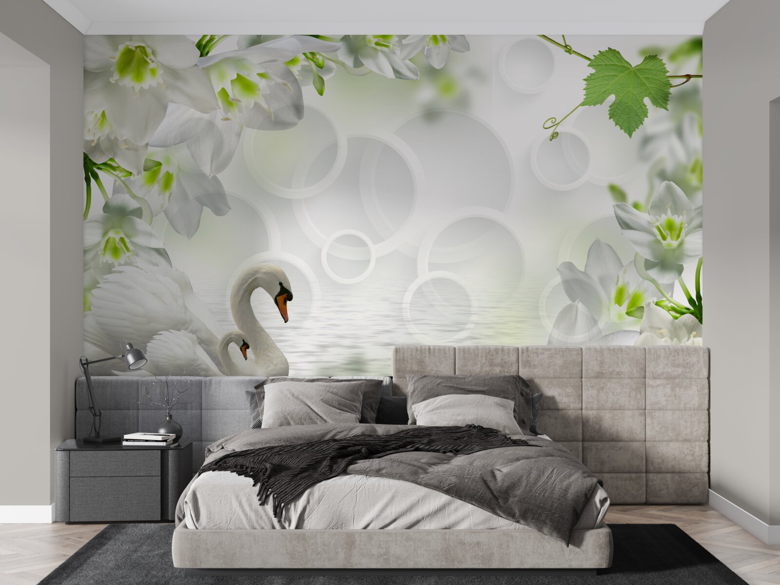 Fototapet flori albe pe un lac printre lebede