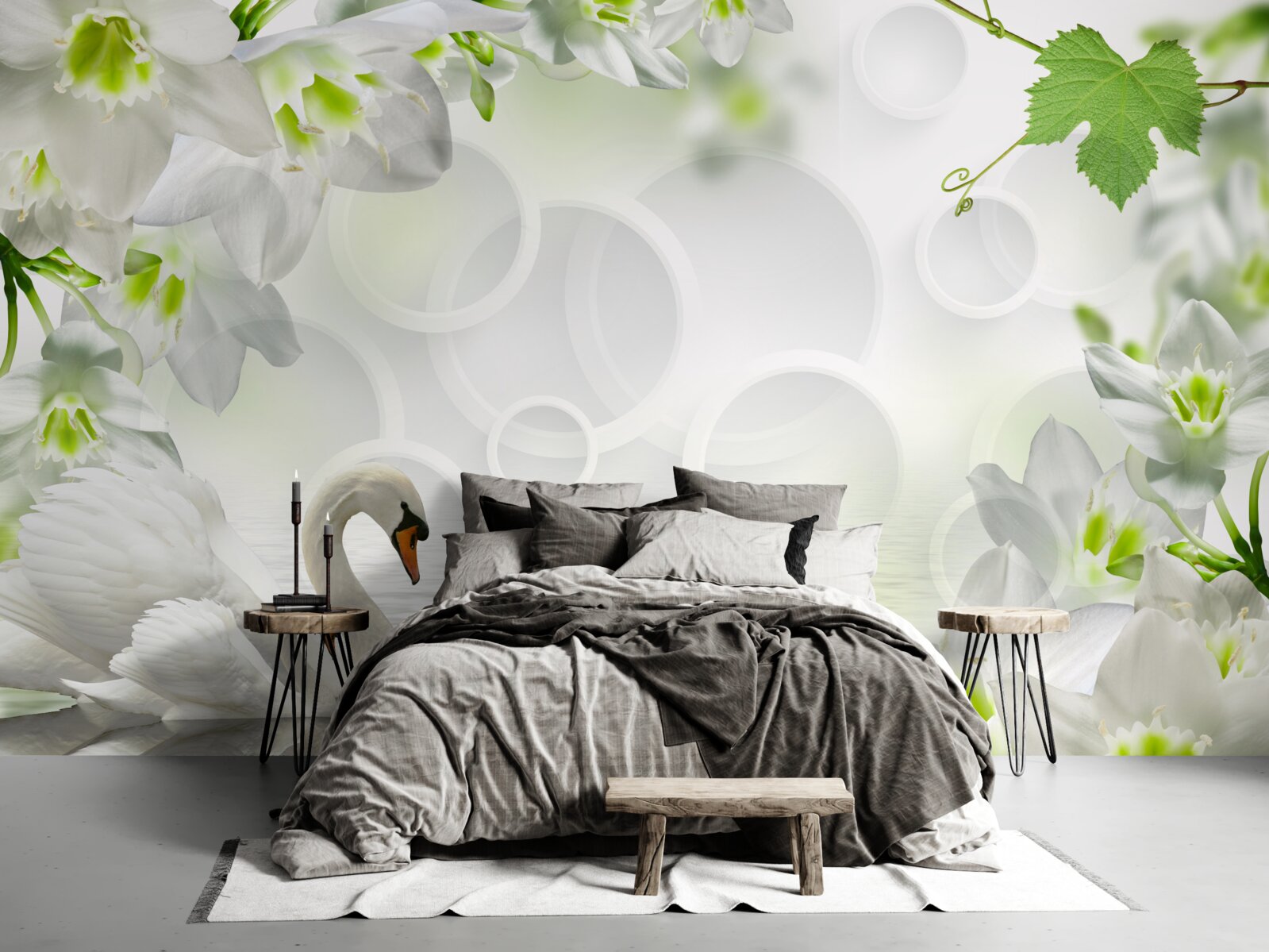 Fototapet flori albe pe un lac printre lebede