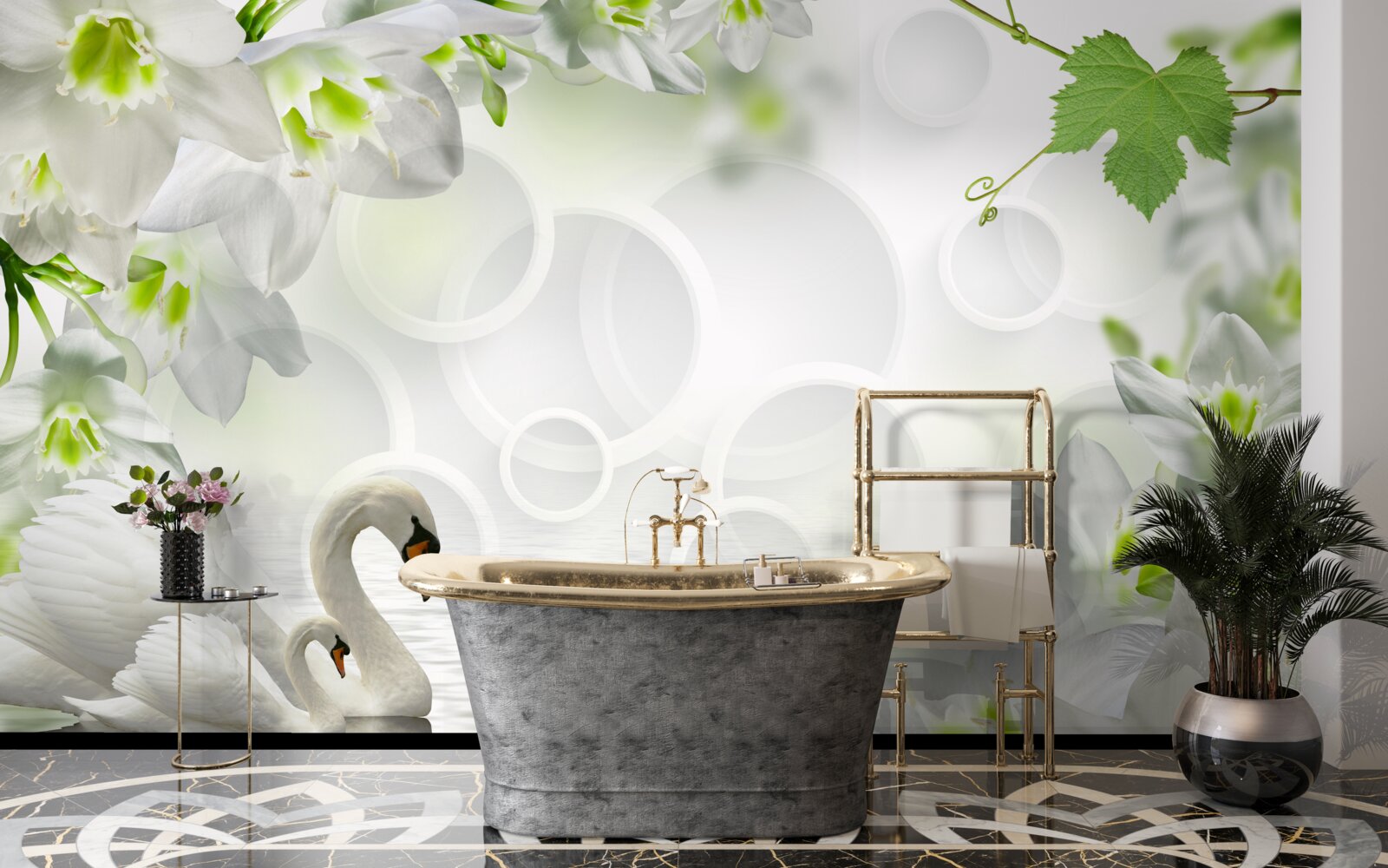 Fototapet flori albe pe un lac printre lebede