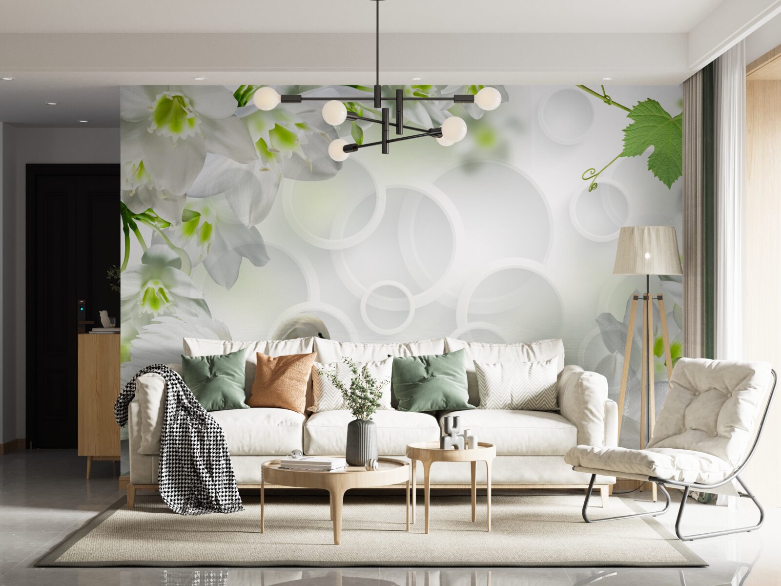 Fototapet flori albe pe un lac printre lebede