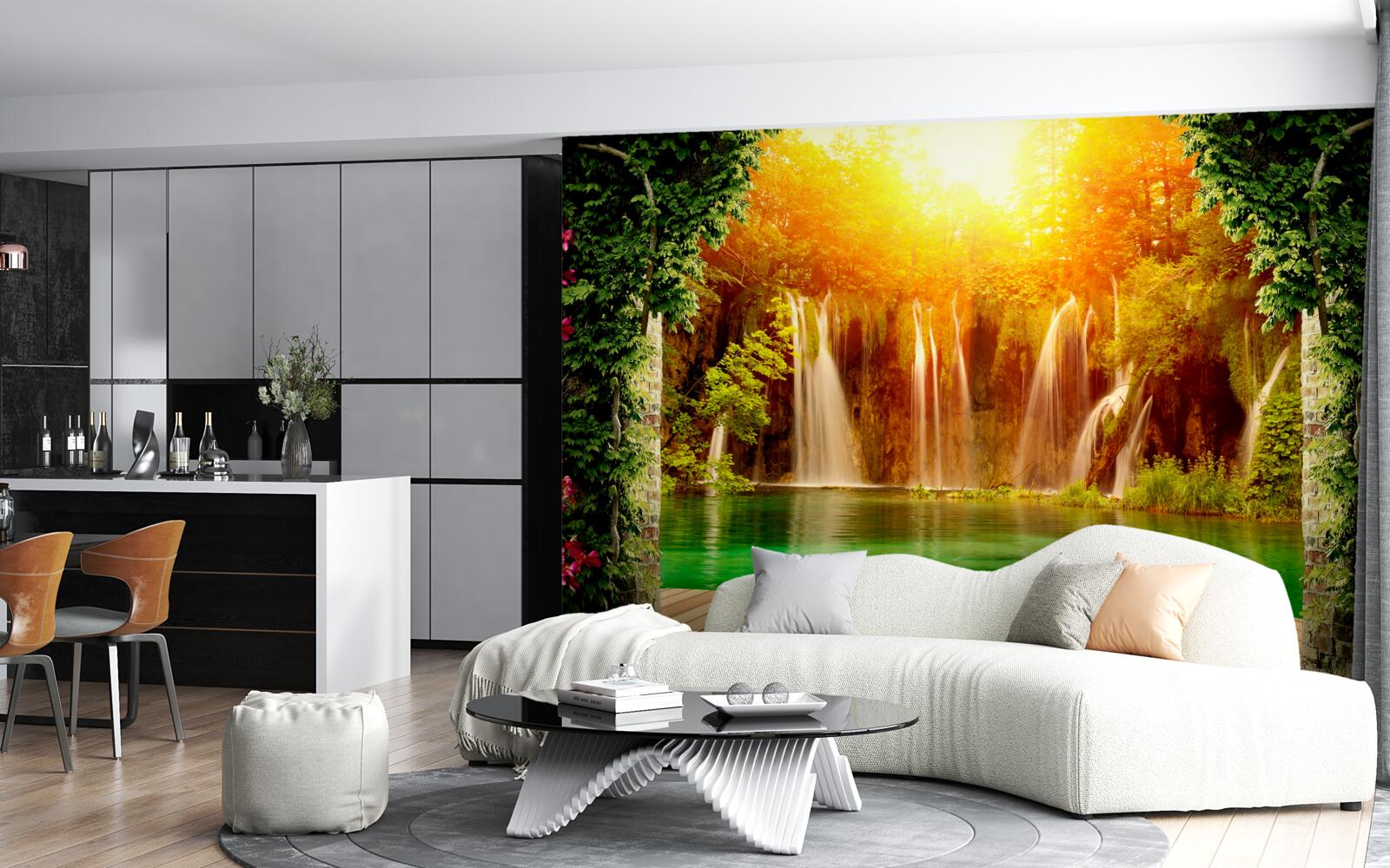 Fototapet apus de soare incredibil lângă o cascadă