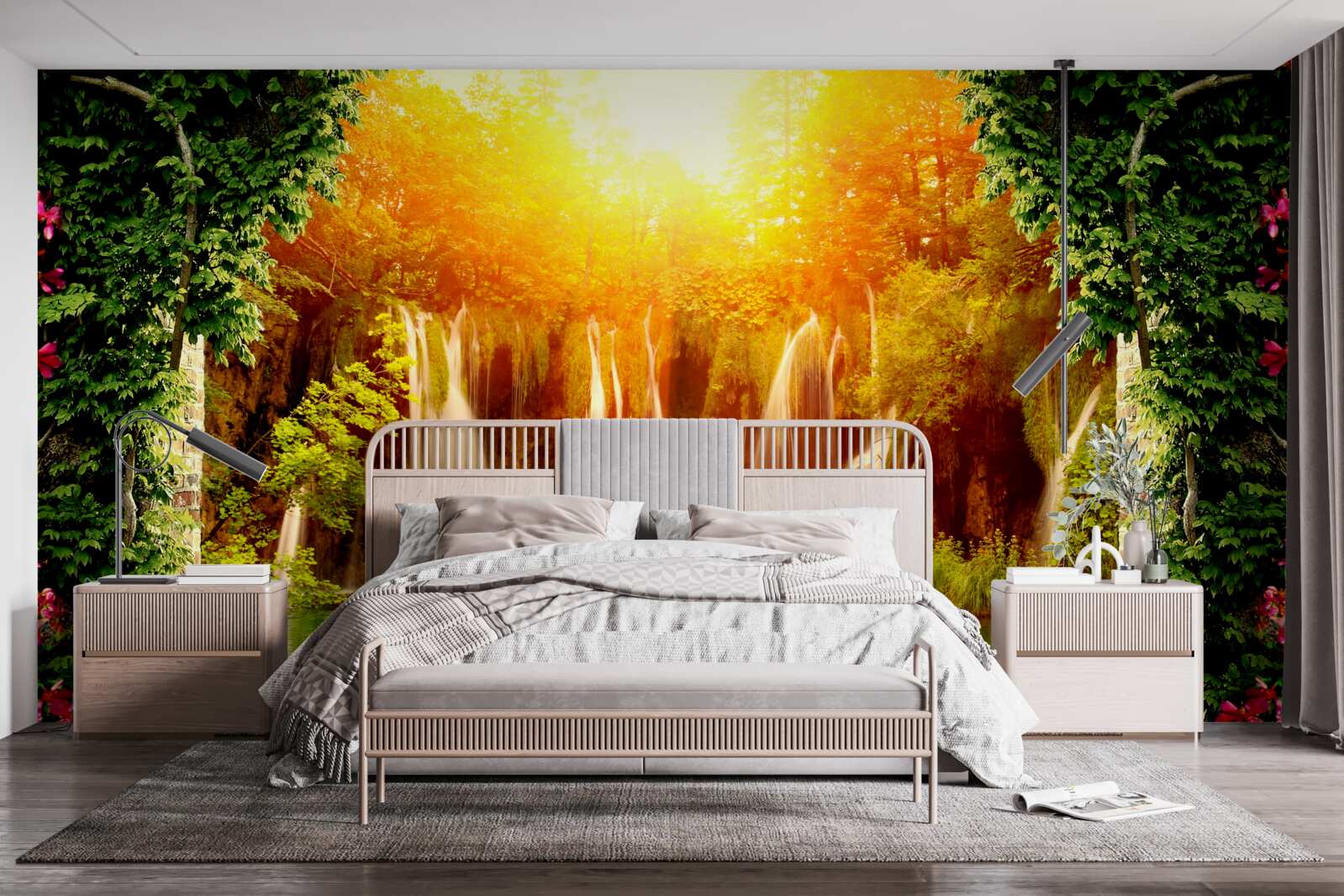 Fototapet apus de soare incredibil lângă o cascadă