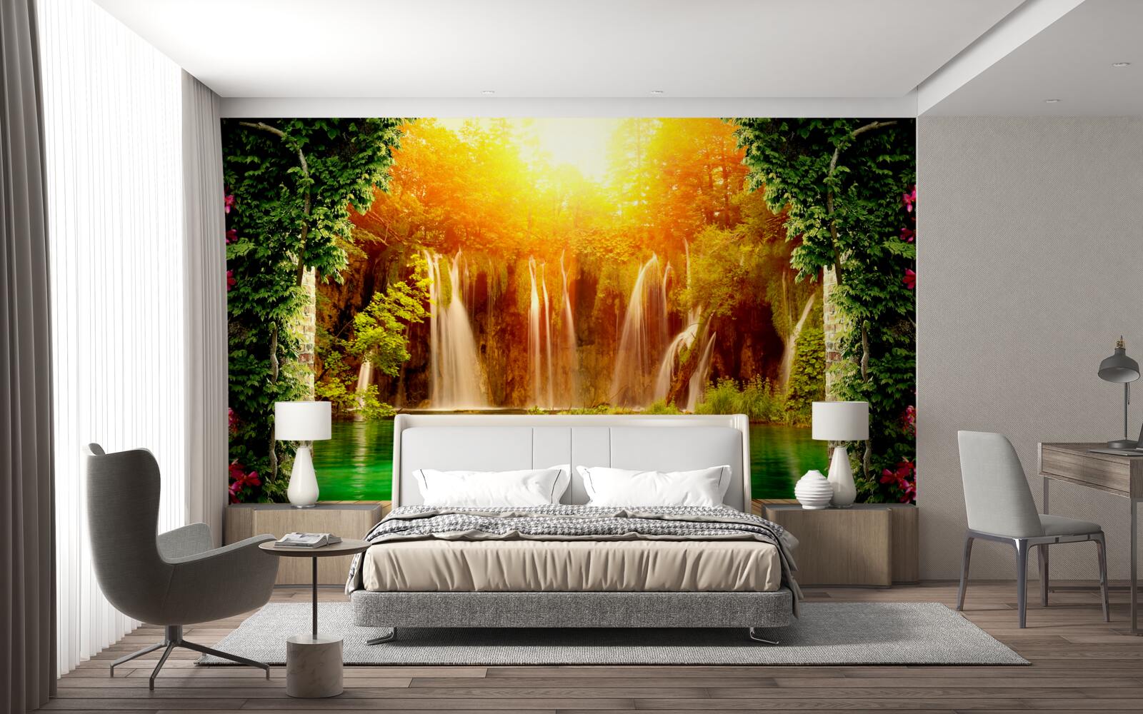 Fototapet apus de soare incredibil lângă o cascadă