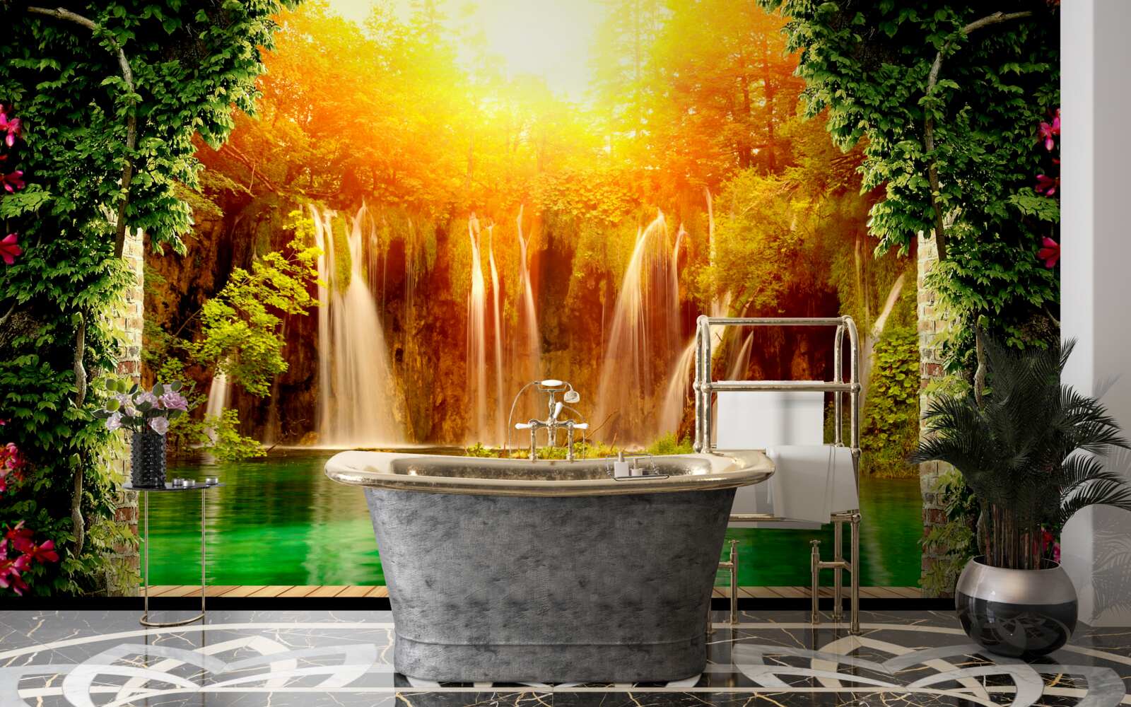 Fototapet apus de soare incredibil lângă o cascadă