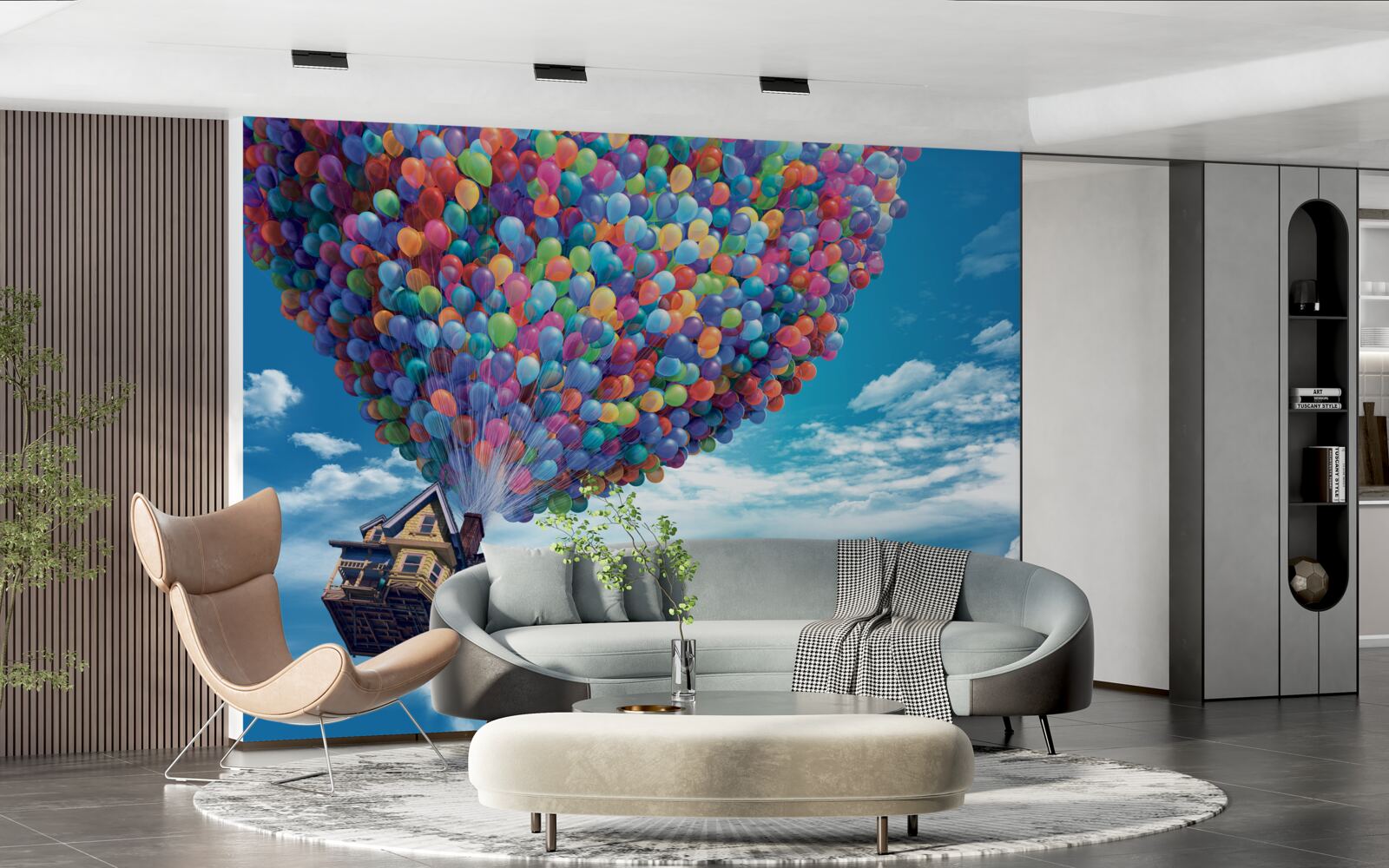 Fototapet o casă cu multe mingi zburătoare