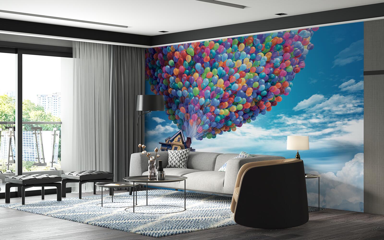 Fototapet o casă cu multe mingi zburătoare