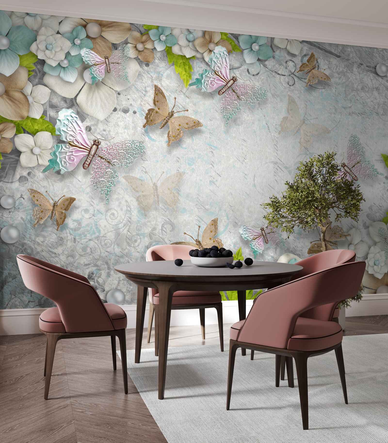 Fototapet flori și fluturi