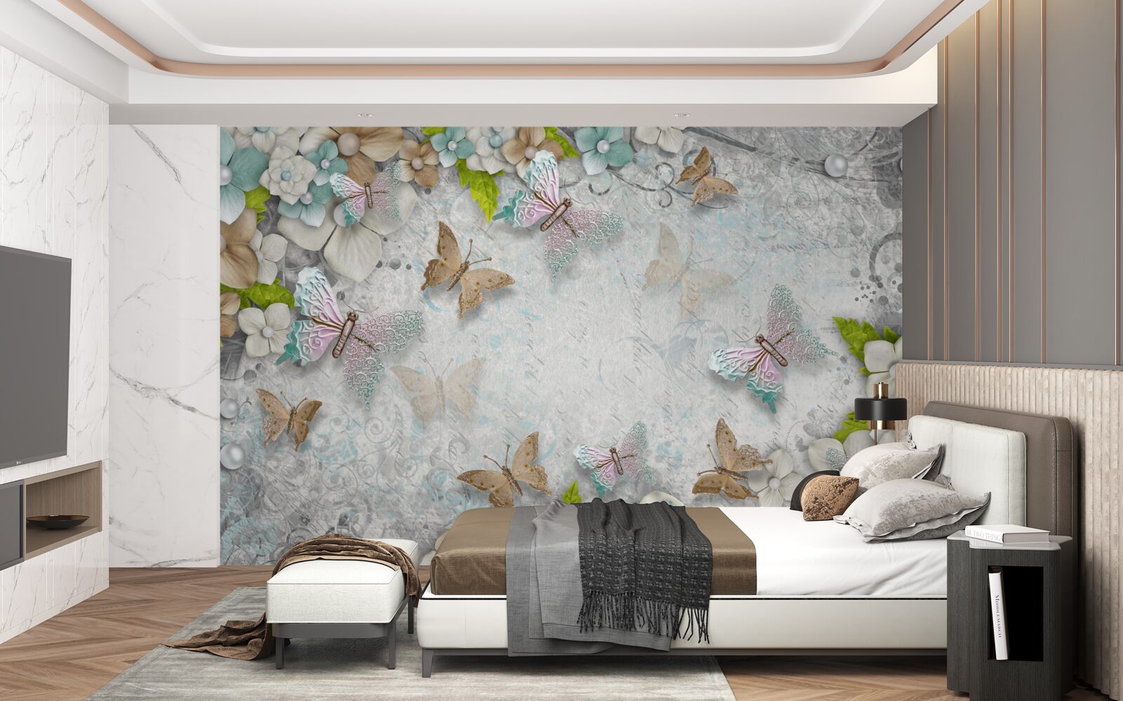 Fototapet flori și fluturi