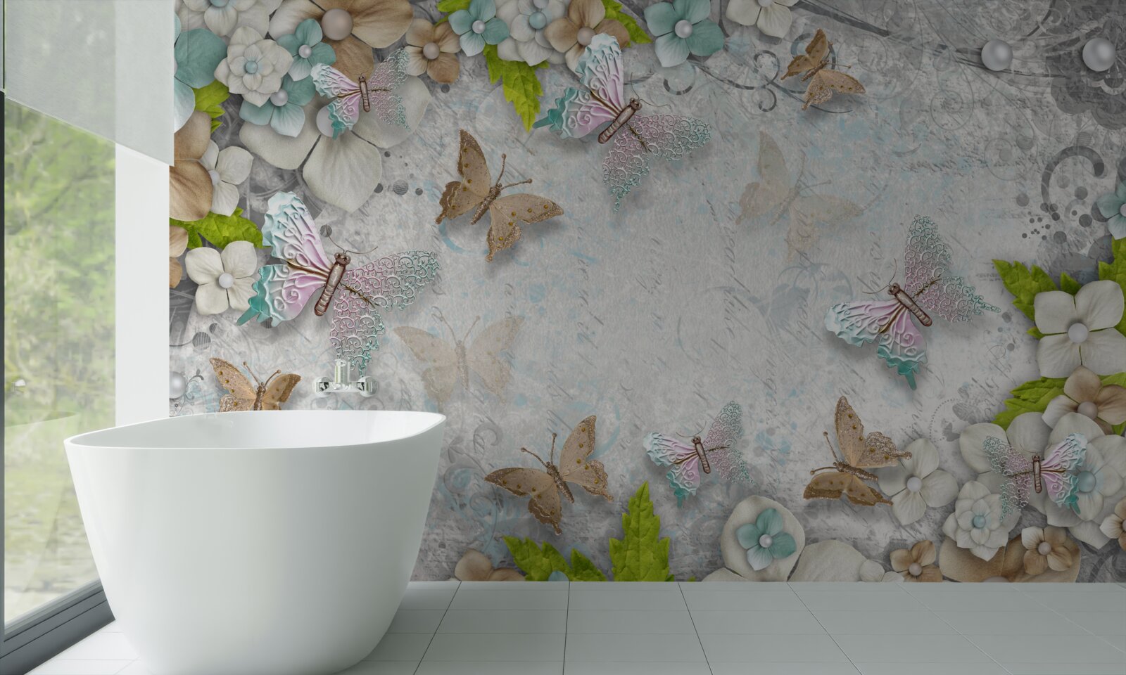 Fototapet flori și fluturi