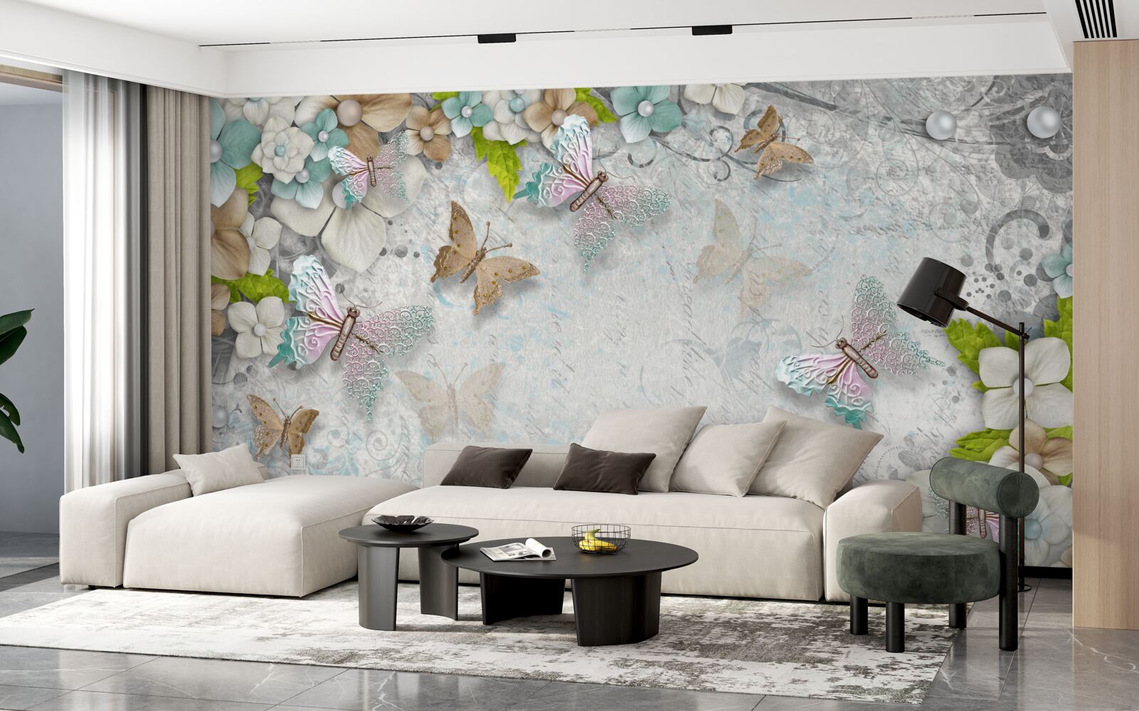 Fototapet flori și fluturi