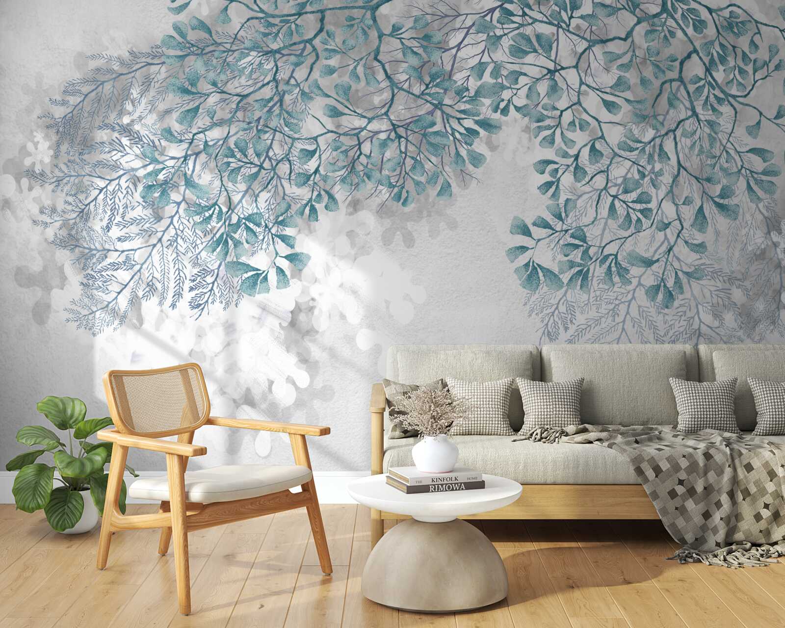 Fototapet ramurile cu frunze turcoaz sunt vizibile pe un fundal deschis