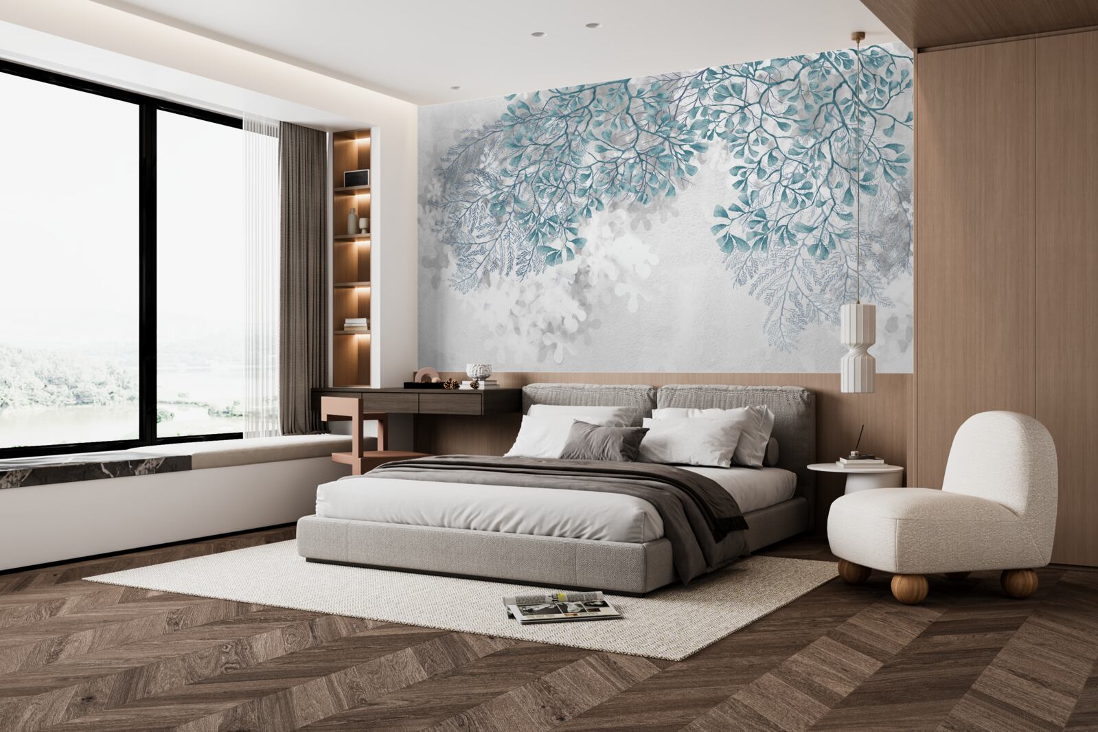 Fototapet ramurile cu frunze turcoaz sunt vizibile pe un fundal deschis