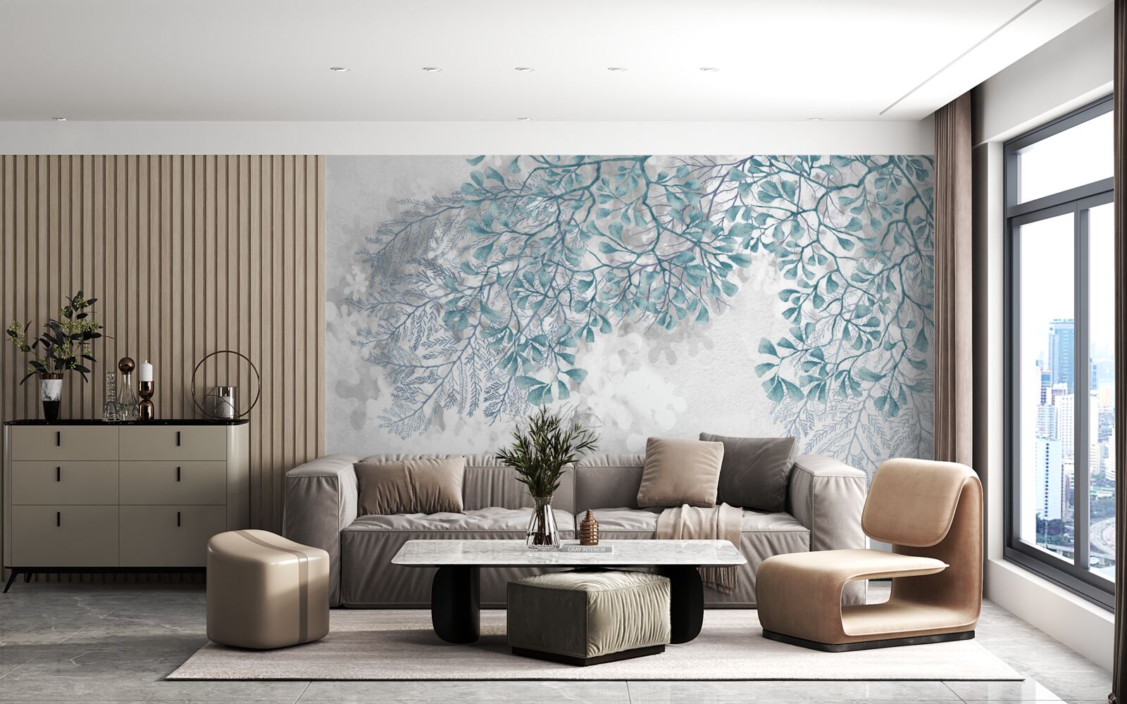 Fototapet ramurile cu frunze turcoaz sunt vizibile pe un fundal deschis