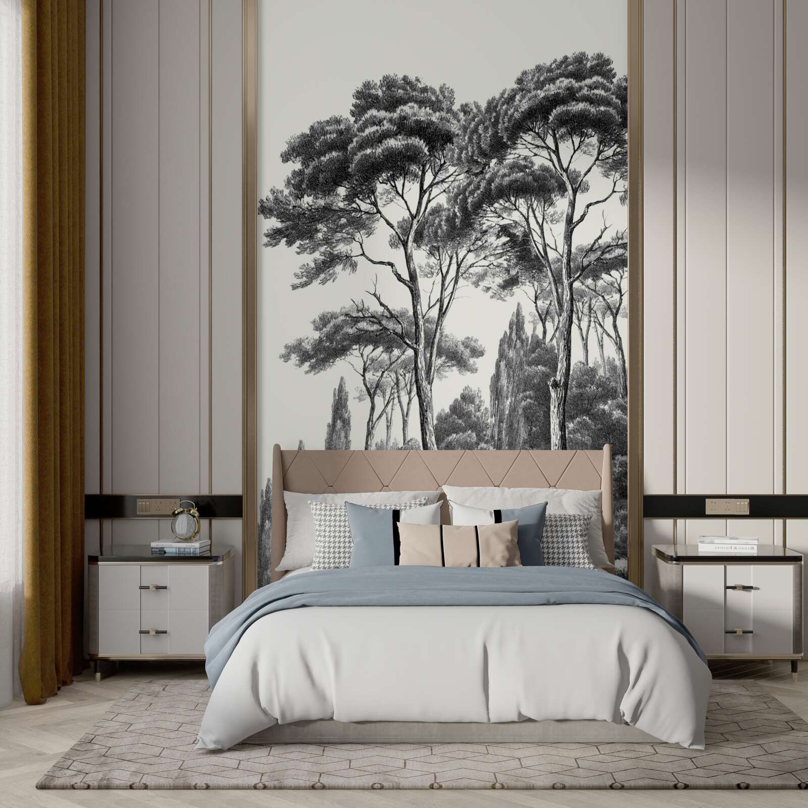 Fototapet pini din italia în tonuri de alb și negru