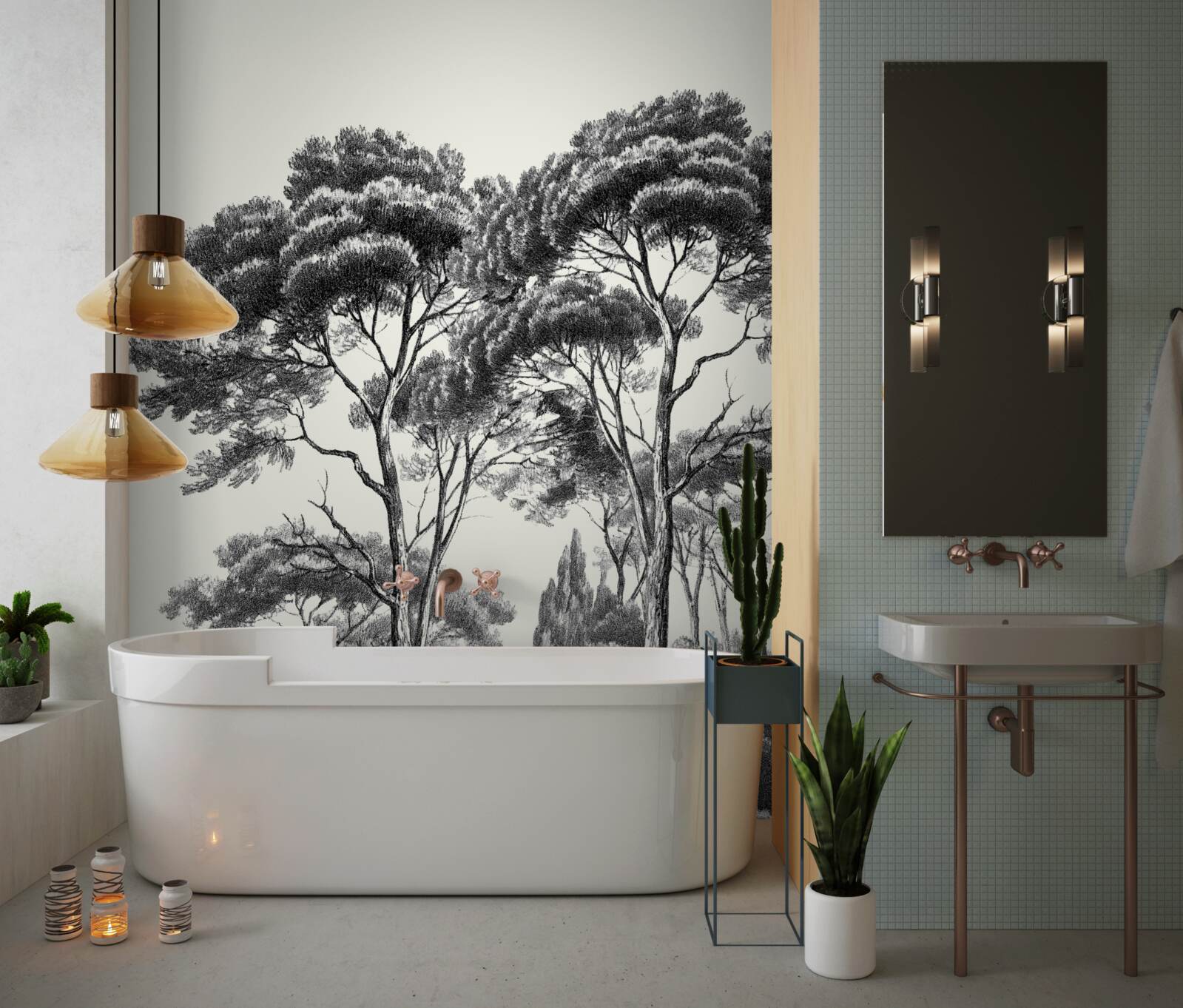 Fototapet pini din italia în tonuri de alb și negru