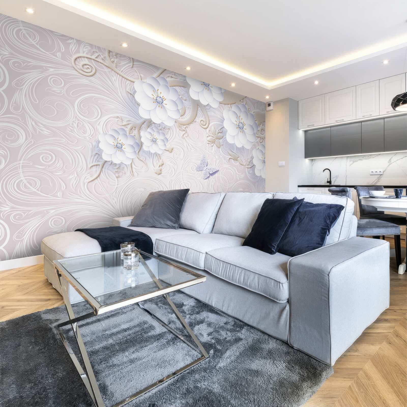 Fototapet flori albe ca zăpada și fluturi plutesc în aer