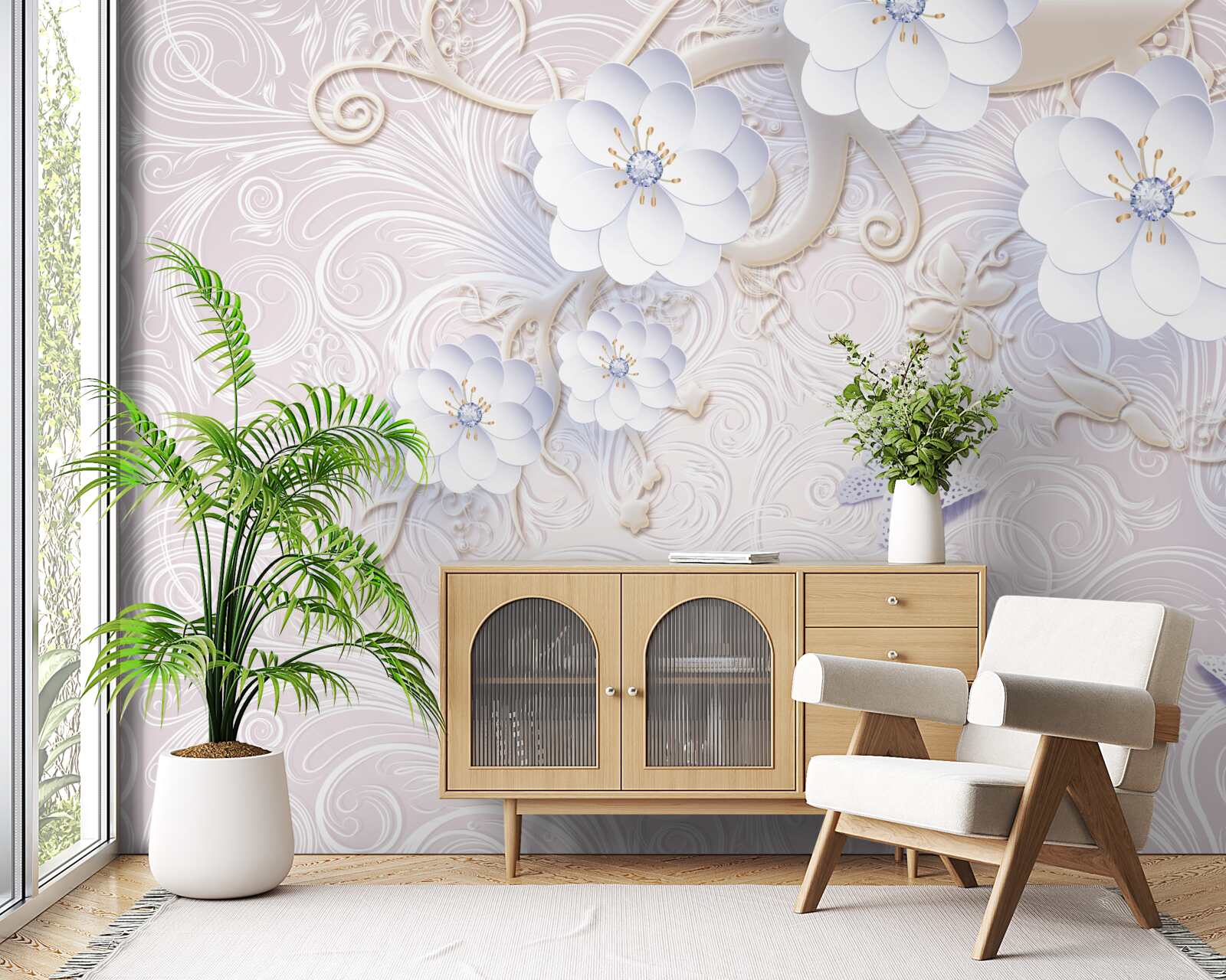 Fototapet flori albe ca zăpada și fluturi plutesc în aer