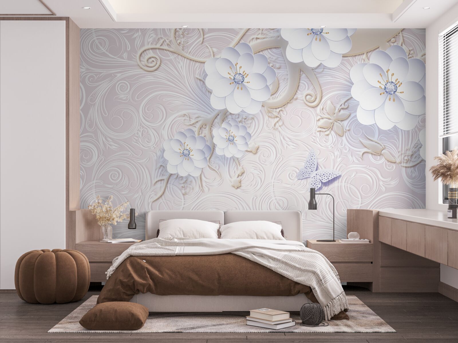 Fototapet flori albe ca zăpada și fluturi plutesc în aer