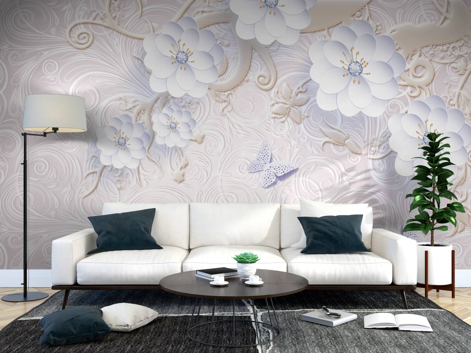 Fototapet flori albe ca zăpada și fluturi plutesc în aer