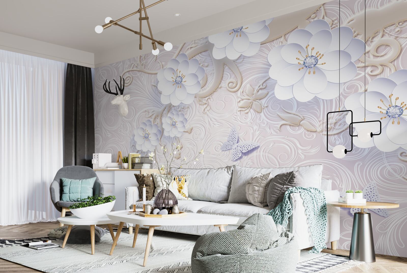 Fototapet flori albe ca zăpada și fluturi plutesc în aer