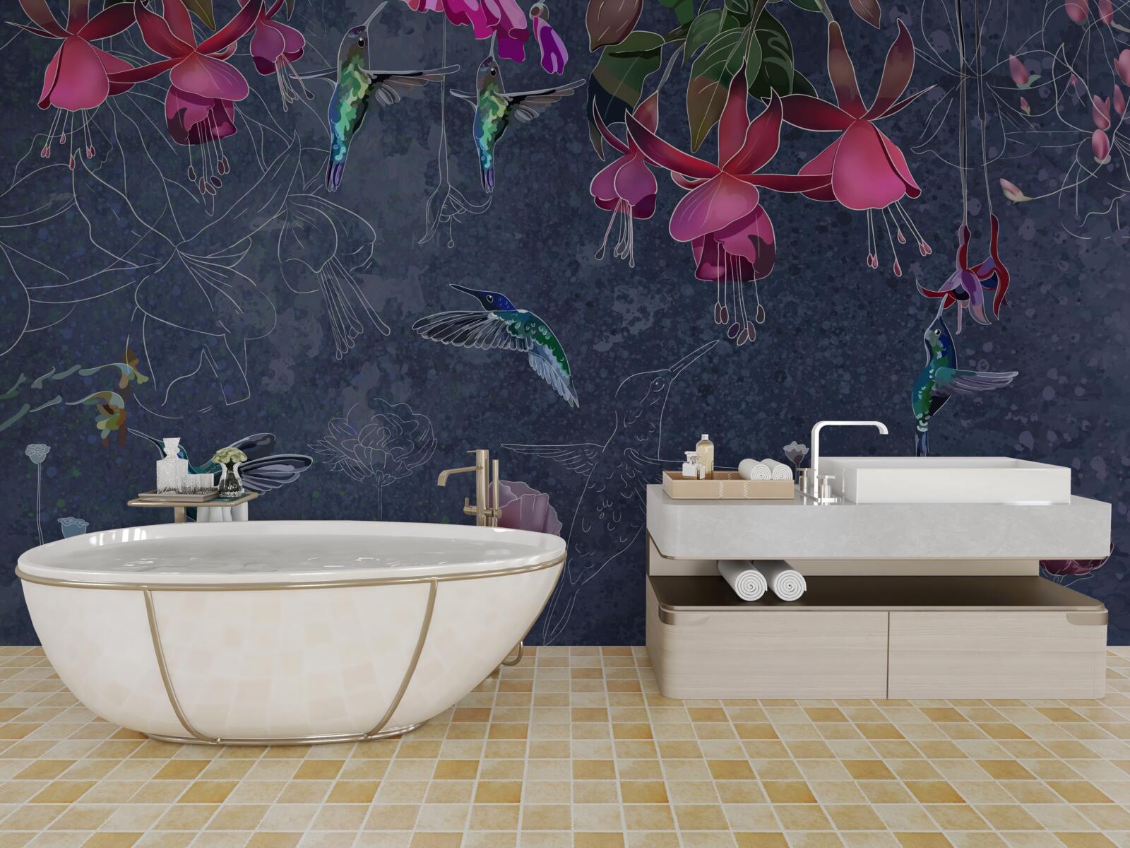 Fototapet nectarul florilor este o băutură pentru colibri